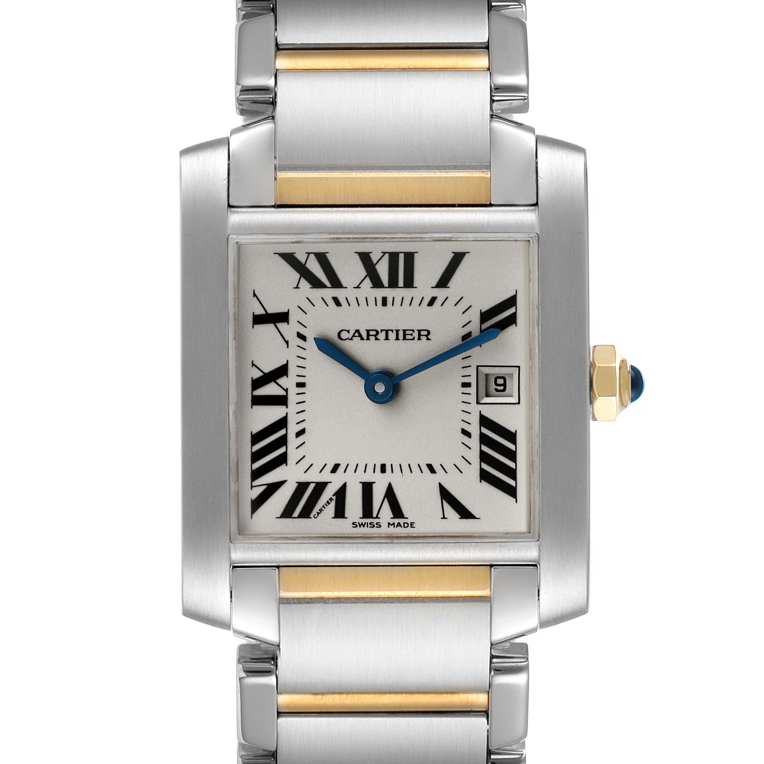 This image shows a front view of the Cartier Tank Francaise W51012Q4 Women's Steel and Gold (two tone) Silver Dial W51012Q4 Women's Steel and Gold (two tone) Silver Dial watch, highlighting the dial, bracelet, crown, and date window.
