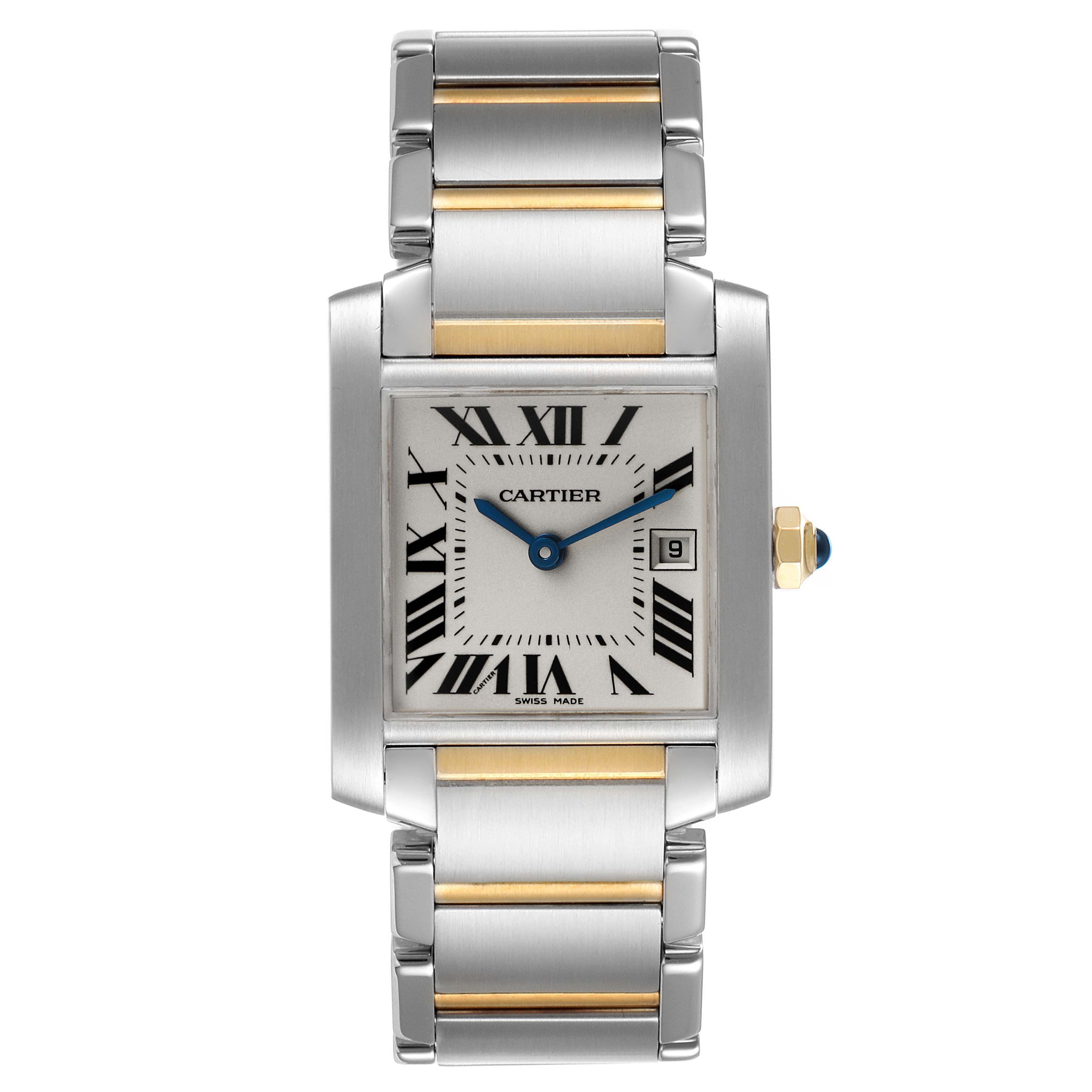 The image shows a Cartier Tank Francaise W51012Q4 Women's Steel and Gold (two tone) Silver Dial W51012Q4 Women's Steel and Gold (two tone) Silver Dial watch from a front angle, highlighting the face and bracelet.