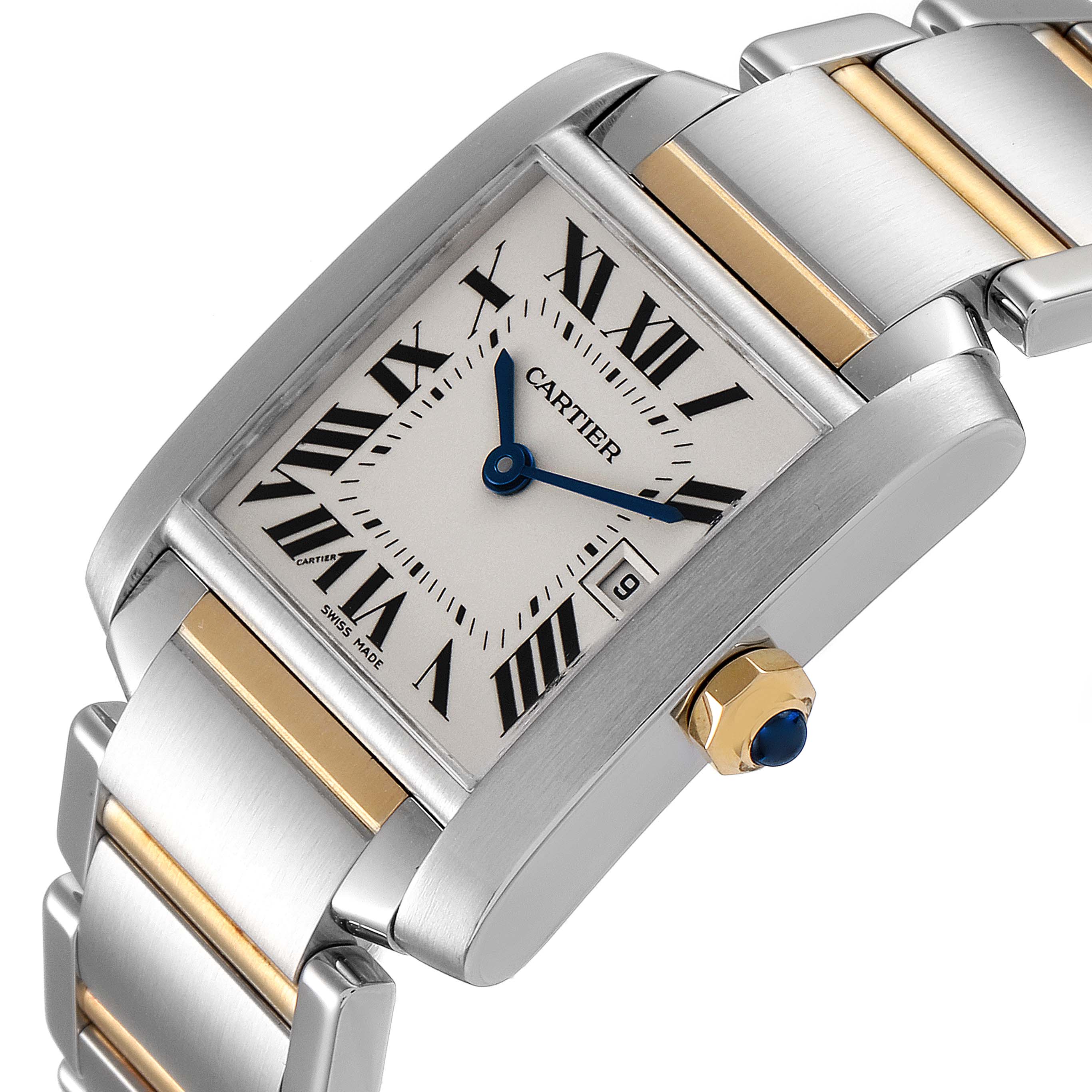 The image shows a Cartier Tank Francaise W51012Q4 Women's Steel and Gold (two tone) Silver Dial W51012Q4 Women's Steel and Gold (two tone) Silver Dial watch at an angle highlighting its dial, bezel, crown, and two-tone bracelet.
