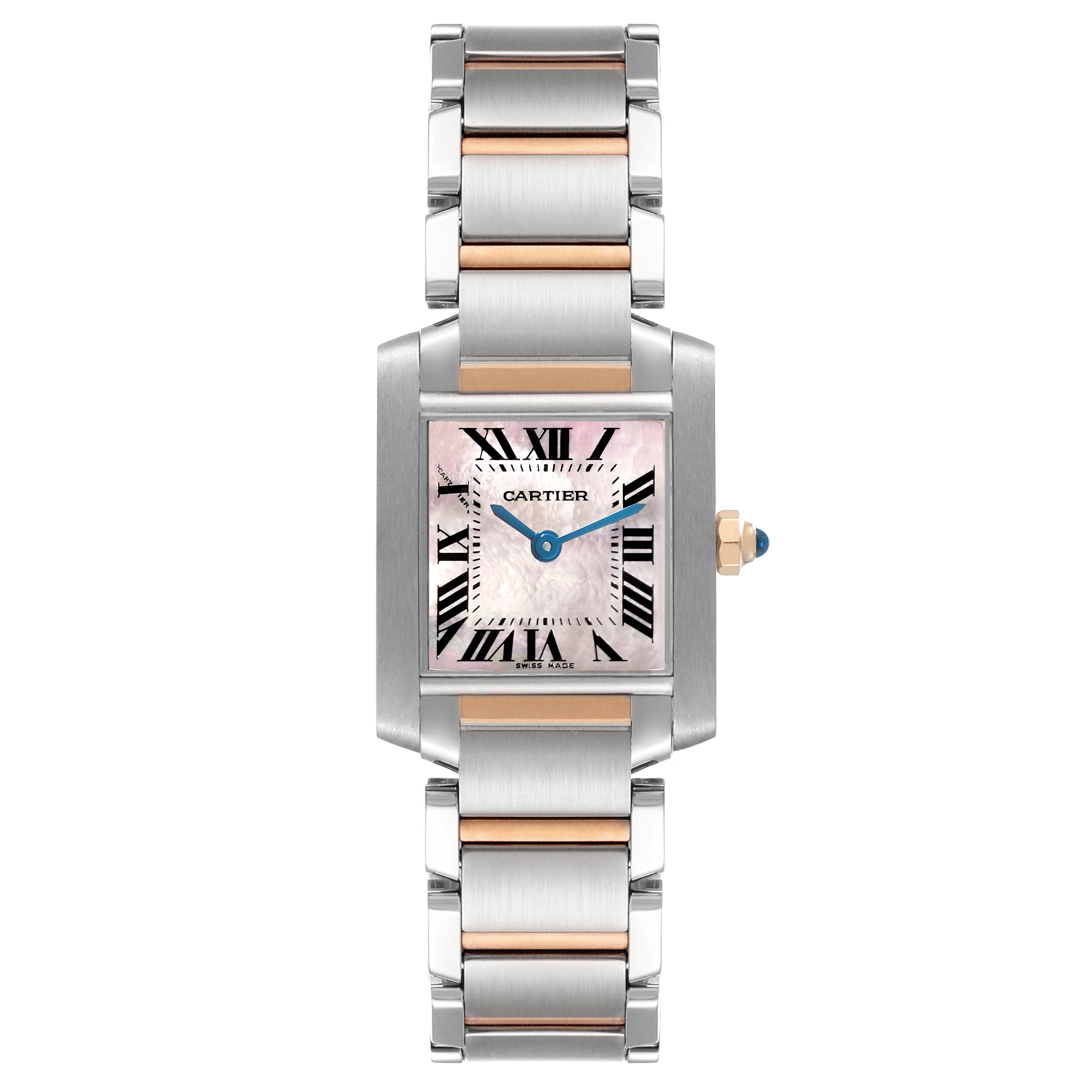 This image shows a front view of the Cartier Tank Française watch, displaying its case, bracelet, and dial.