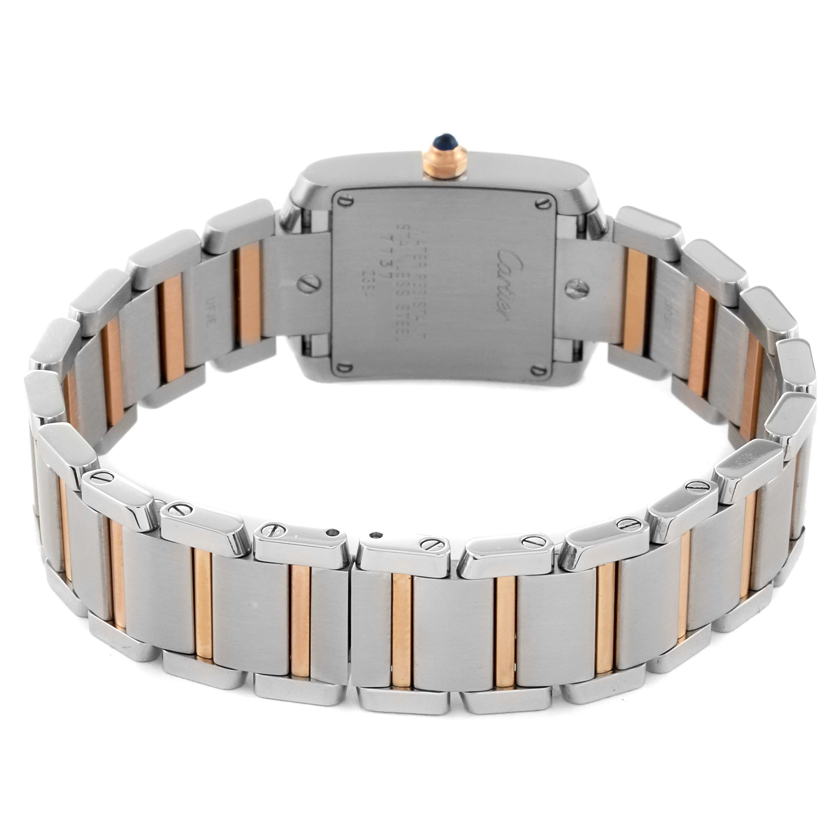 The image shows the back view of a Cartier Tank Francaise W51027Q4 Women's Steel and Gold (two tone) Mother of Pearl Dial W51027Q4 Women's Steel and Gold (two tone) Mother of Pearl Dial watch, highlighting its bicolor metal bracelet and clasp.