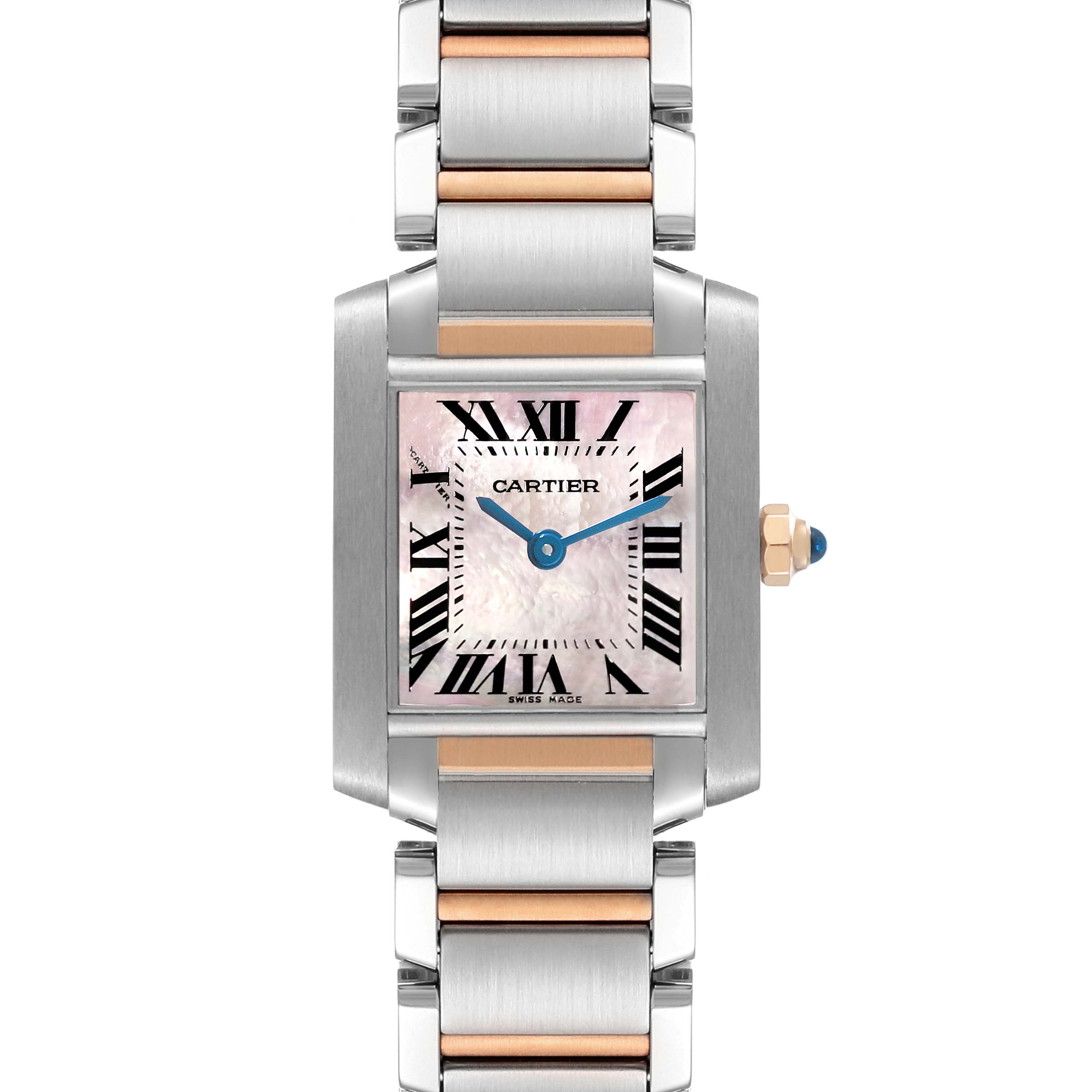 This image shows a front view of a Cartier Tank Francaise W51027Q4 Women's Steel and Gold (two tone) Mother of Pearl Dial W51027Q4 Women's Steel and Gold (two tone) Mother of Pearl Dial watch with its rectangular face and metal bracelet.