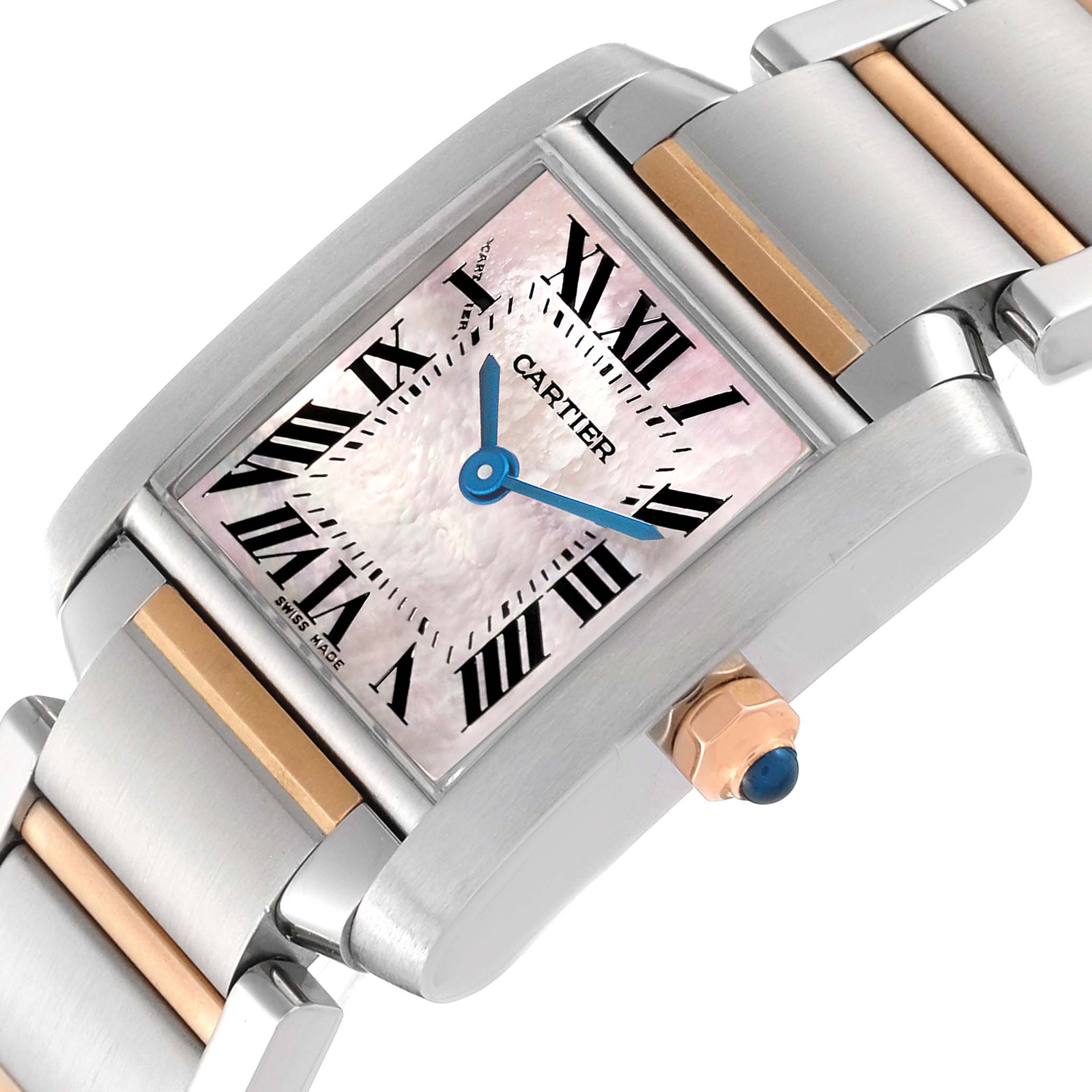 The image shows a Cartier Tank Française watch at a slight angle, highlighting the dial, bracelet, and crown with a blue gem.
