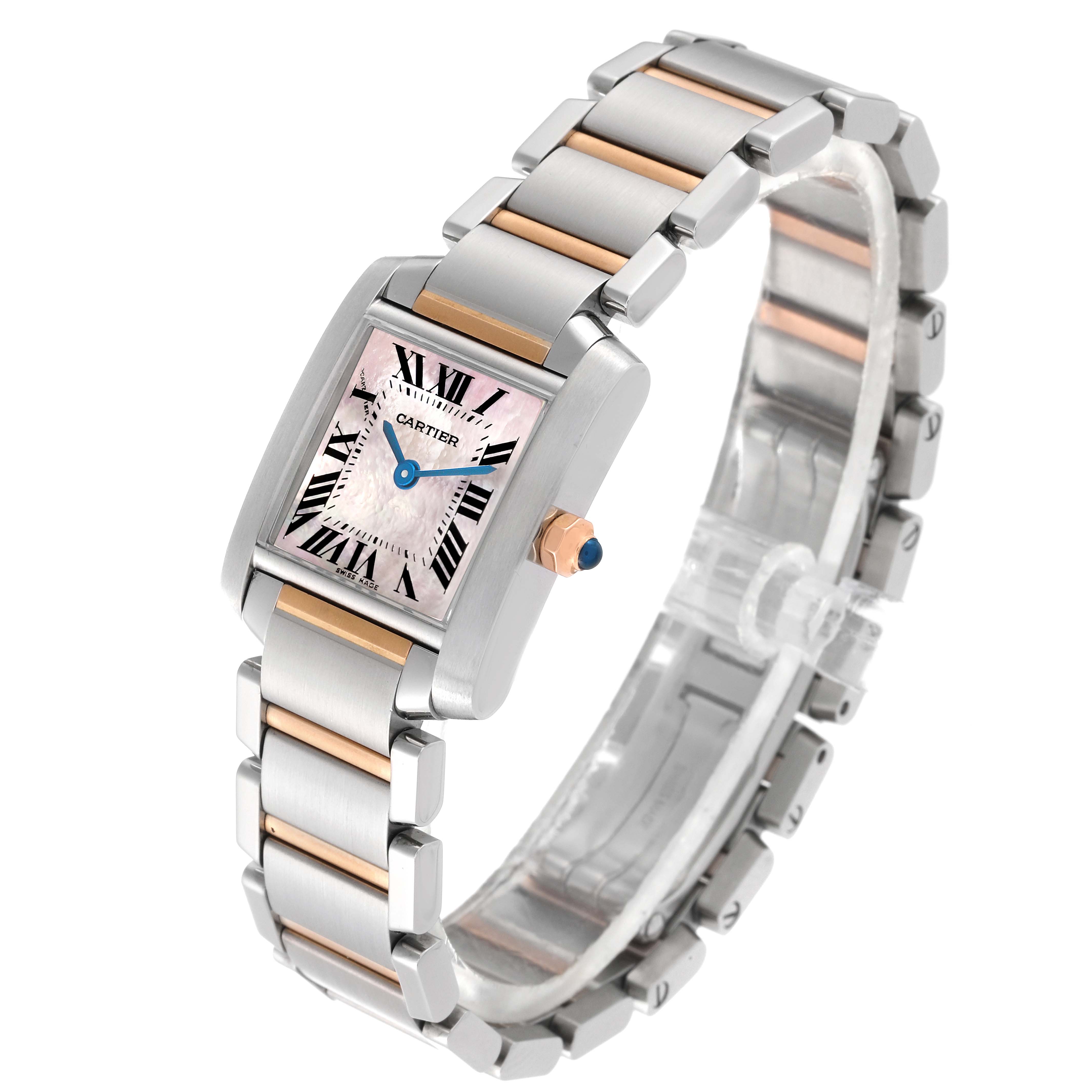 The image shows a Tank Francaise model watch by Cartier at a three-quarter angle, displaying the face, bezel, case, and bracelet.