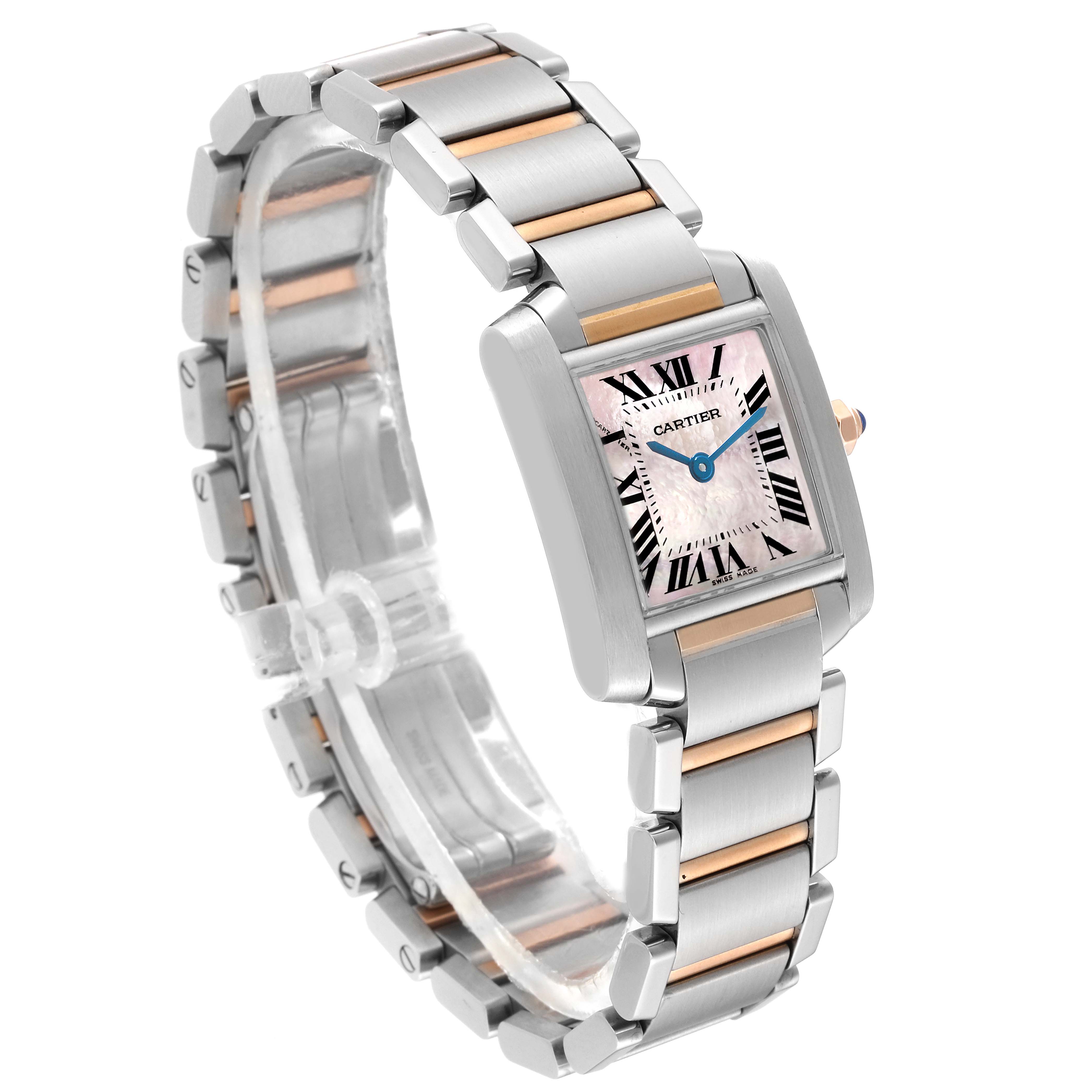 The Cartier Tank Française watch is shown at an angled view highlighting its rectangular face, Roman numeral dial, metallic band, and crown.