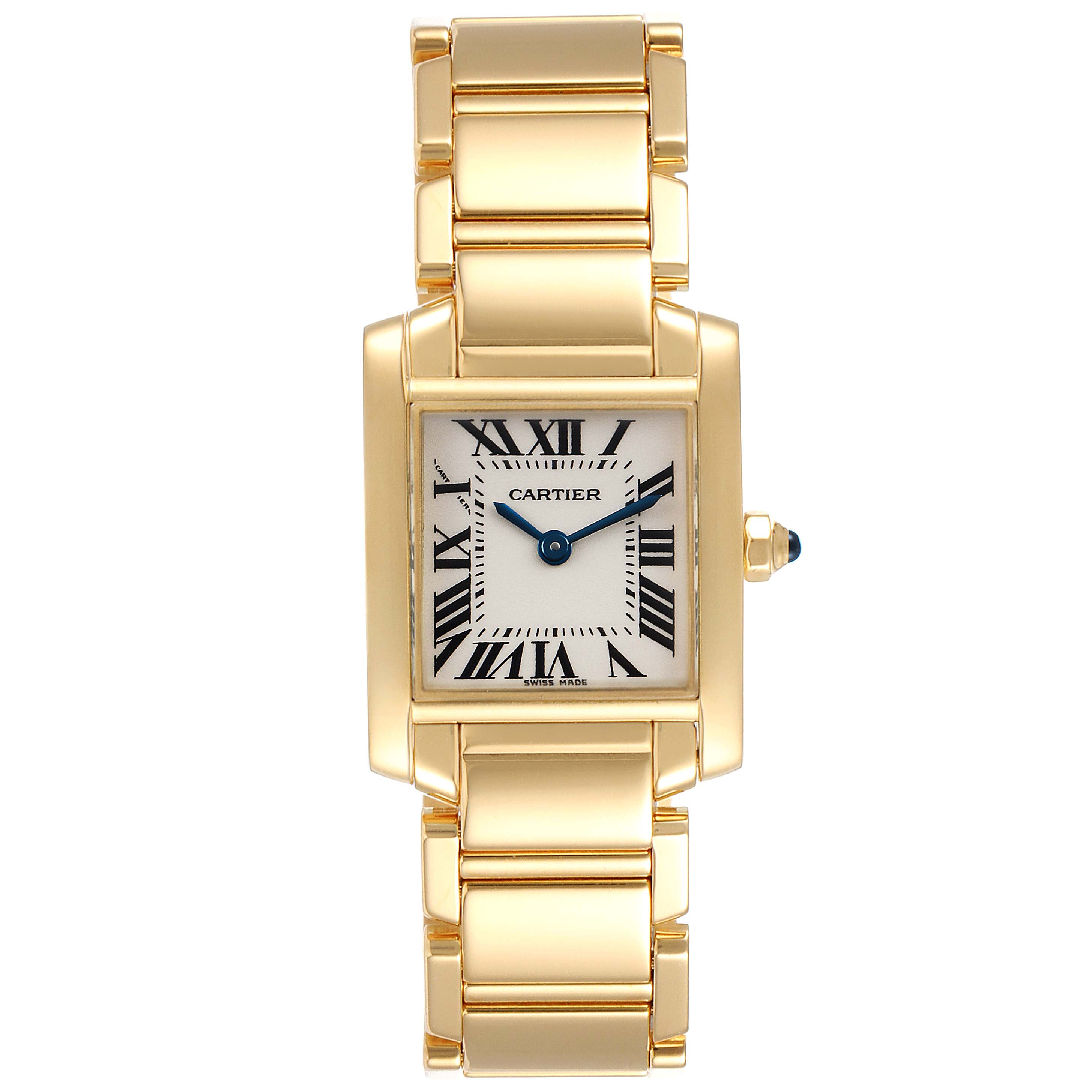 This Cartier Tank Francaise W50002N2 Women's Yellow Gold Silver Dial W50002N2 Women's Yellow Gold Silver Dial watch is shown from a top-down angle, displaying the face and gold bracelet.