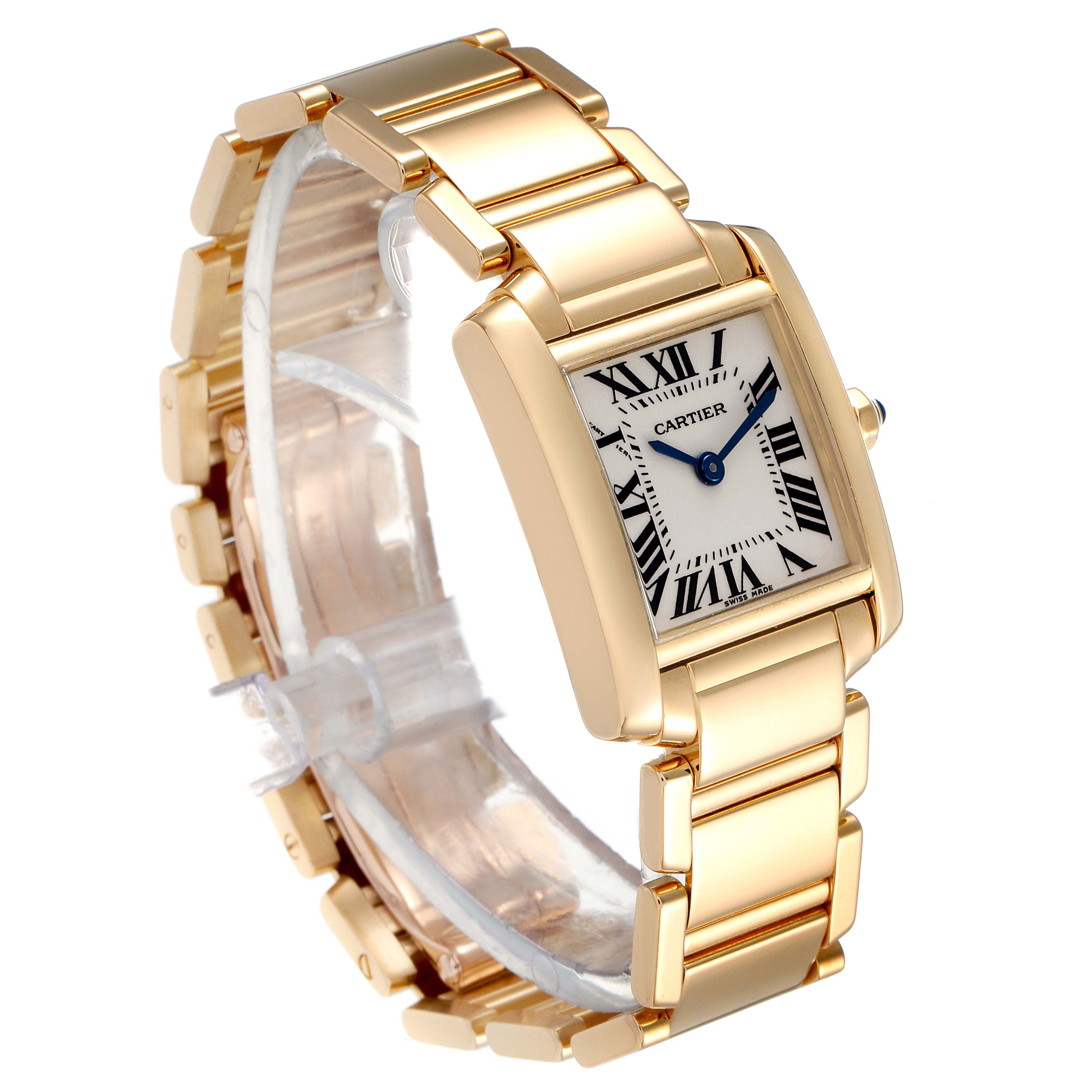 This Cartier Tank Française watch is shown from a three-quarter angle, displaying the gold bracelet and rectangular case with Roman numeral dial.