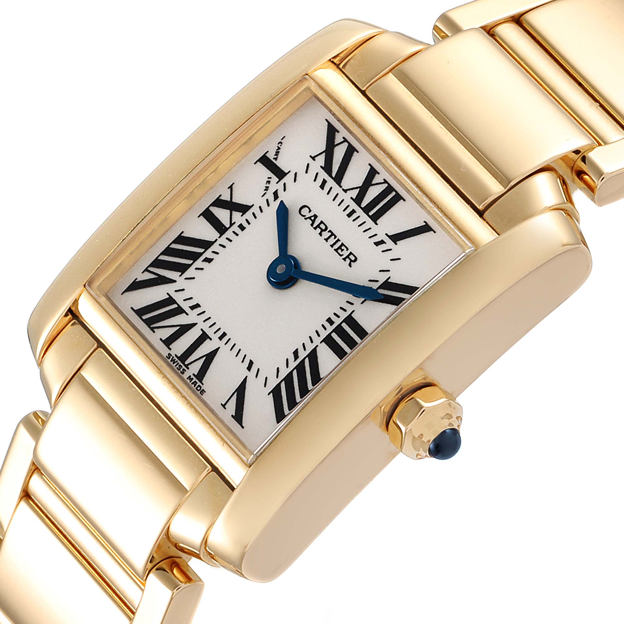 The image shows a close-up angle of the Cartier Tank Francaise W50002N2 Women's Yellow Gold Silver Dial W50002N2 Women's Yellow Gold Silver Dial watch's face, crown, and band.