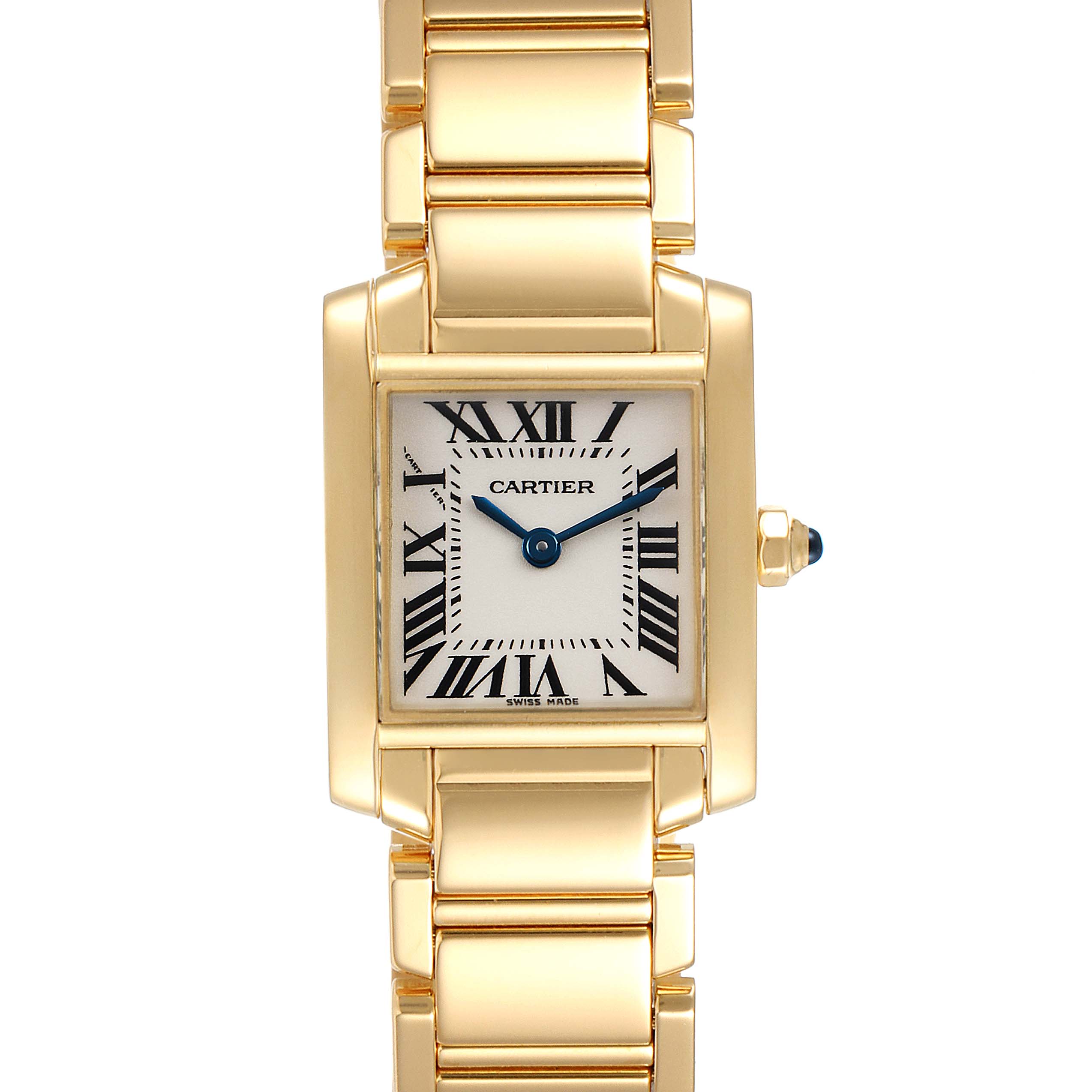 The image shows a front view of a Cartier Tank Francaise W50002N2 Women's Yellow Gold Silver Dial W50002N2 Women's Yellow Gold Silver Dial watch, highlighting its rectangular face, Roman numerals, and gold bracelet.