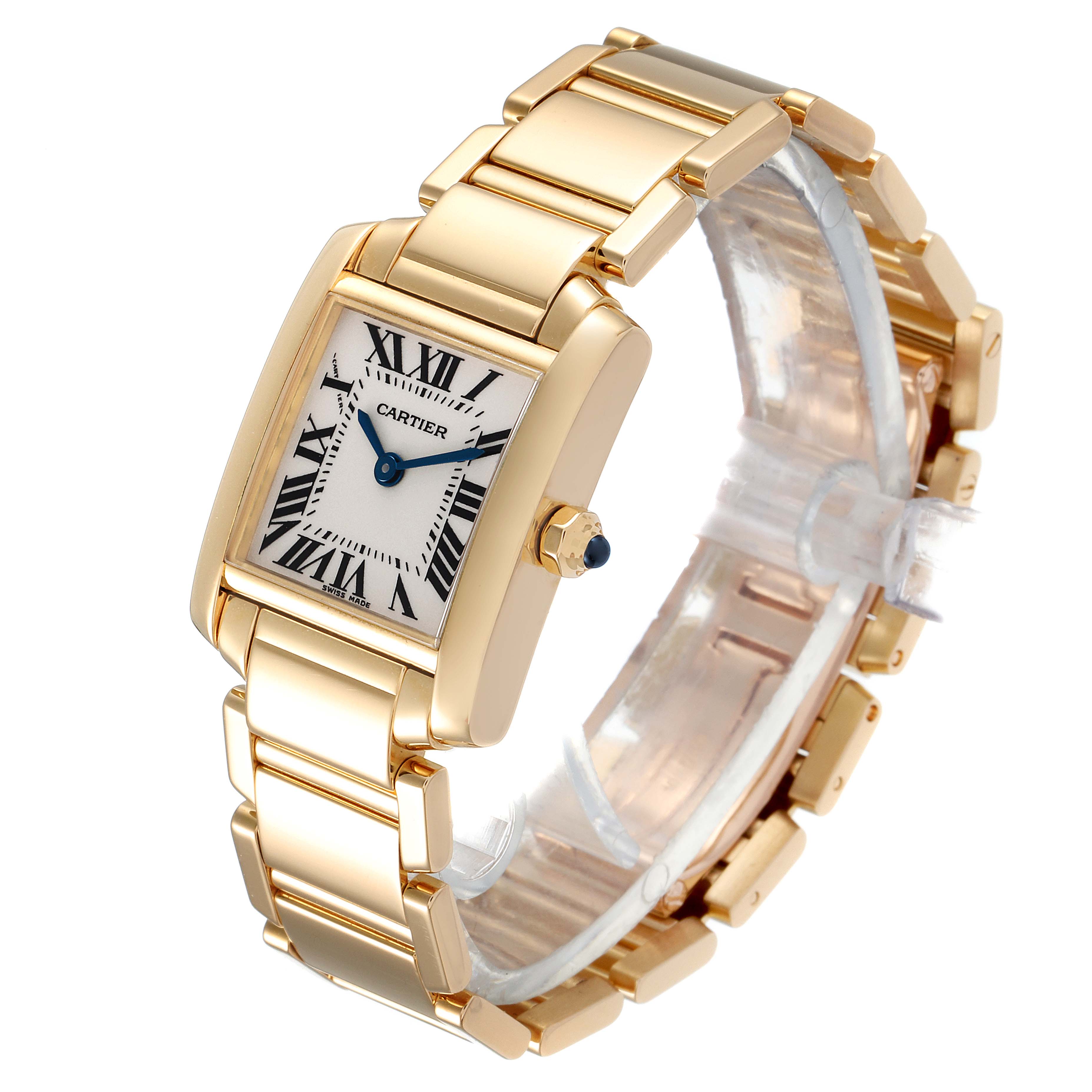 The image shows a tilted view of the Cartier Tank Francaise W50002N2 Women's Yellow Gold Silver Dial W50002N2 Women's Yellow Gold Silver Dial watch, highlighting its gold bracelet and square dial with Roman numerals.