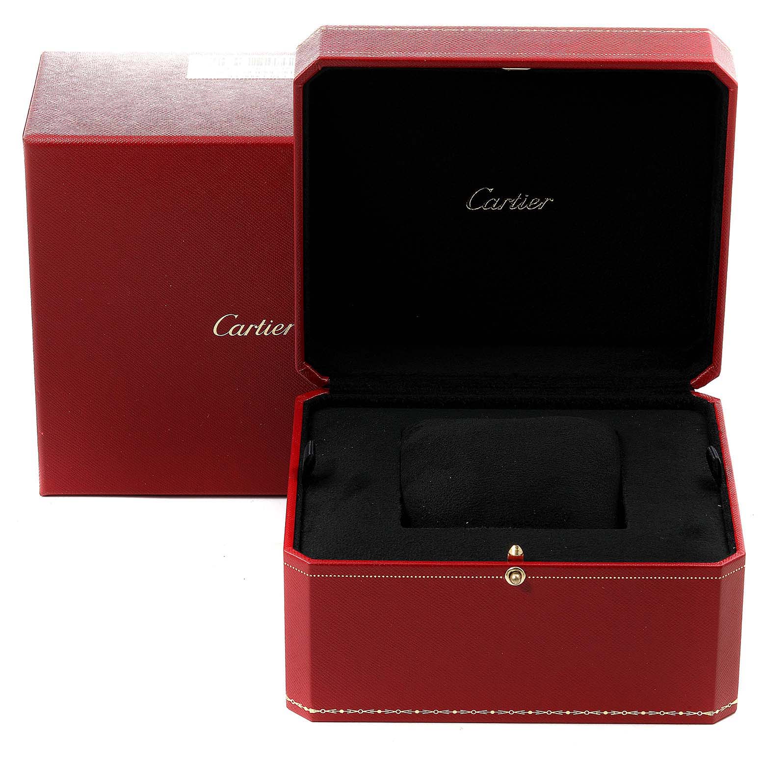 The image shows an open red Cartier box for the Tank Française model watch, showcasing its velvet interior.