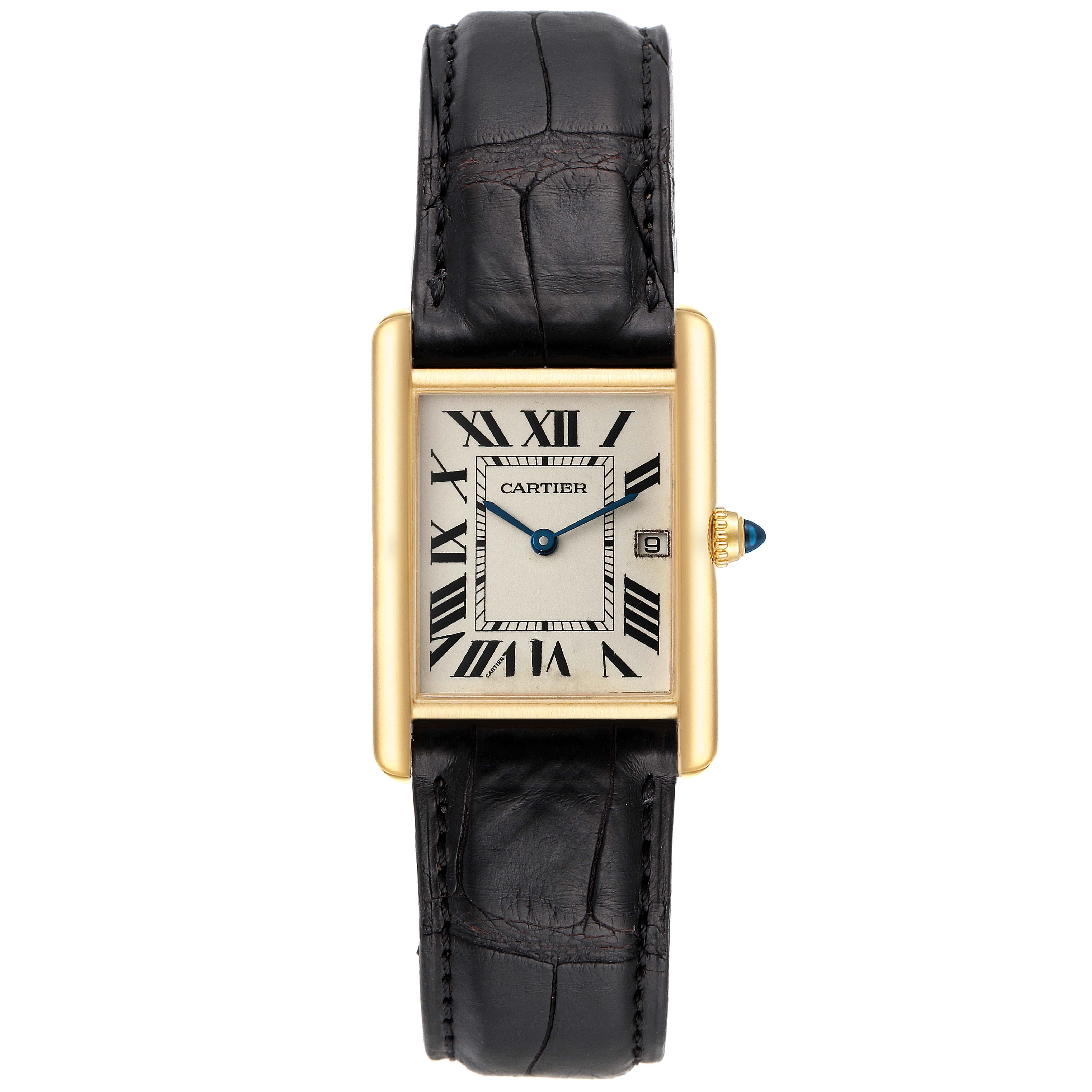 The image shows the Cartier Tank Louis W1529756 Men's Yellow Gold Silver Dial W1529756 Men's Yellow Gold Silver Dial model watch from a top-down angle, featuring its face, leather strap, and side crown.