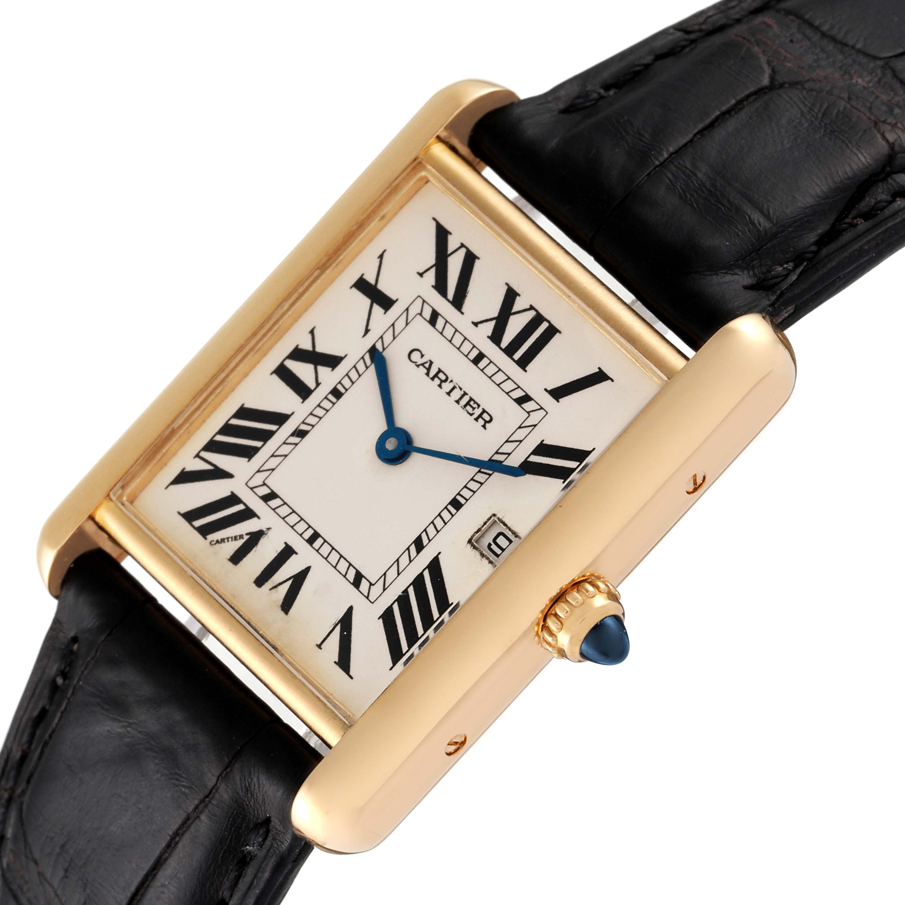This is a close-up, angled view of the Cartier Tank Louis W1529756 Men's Yellow Gold Silver Dial W1529756 Men's Yellow Gold Silver Dial watch showcasing its face, Roman numeral markers, and crown.