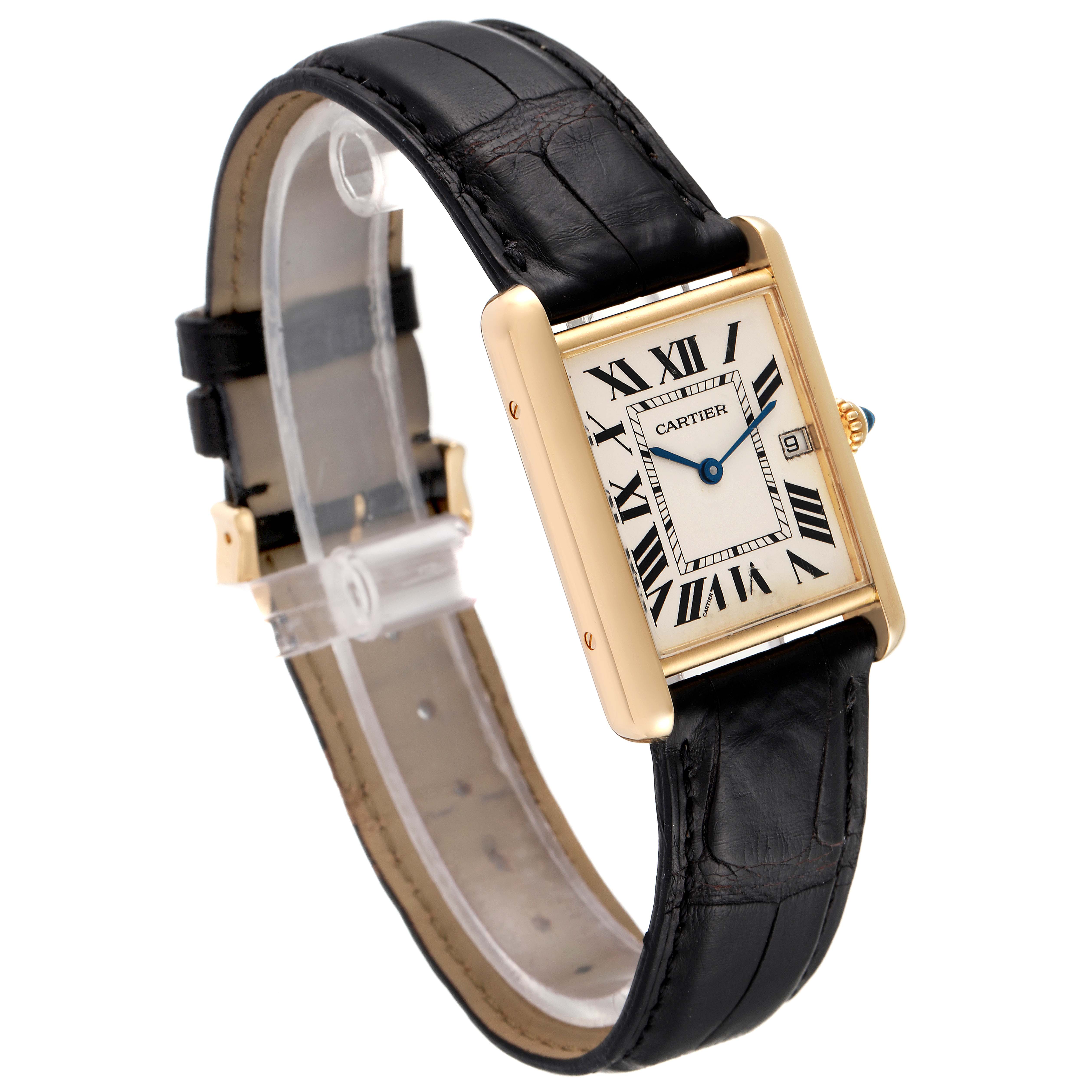 The image shows a Tank Louis model by Cartier from a three-quarter angle, highlighting the dial, case, strap, and clasp.