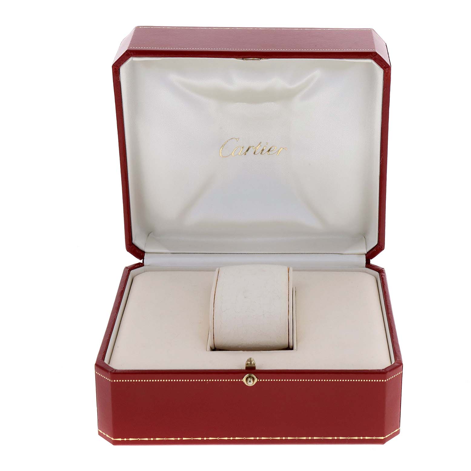 This image shows an open Cartier watch box for the Tank Louis model, displaying the interior without the watch.