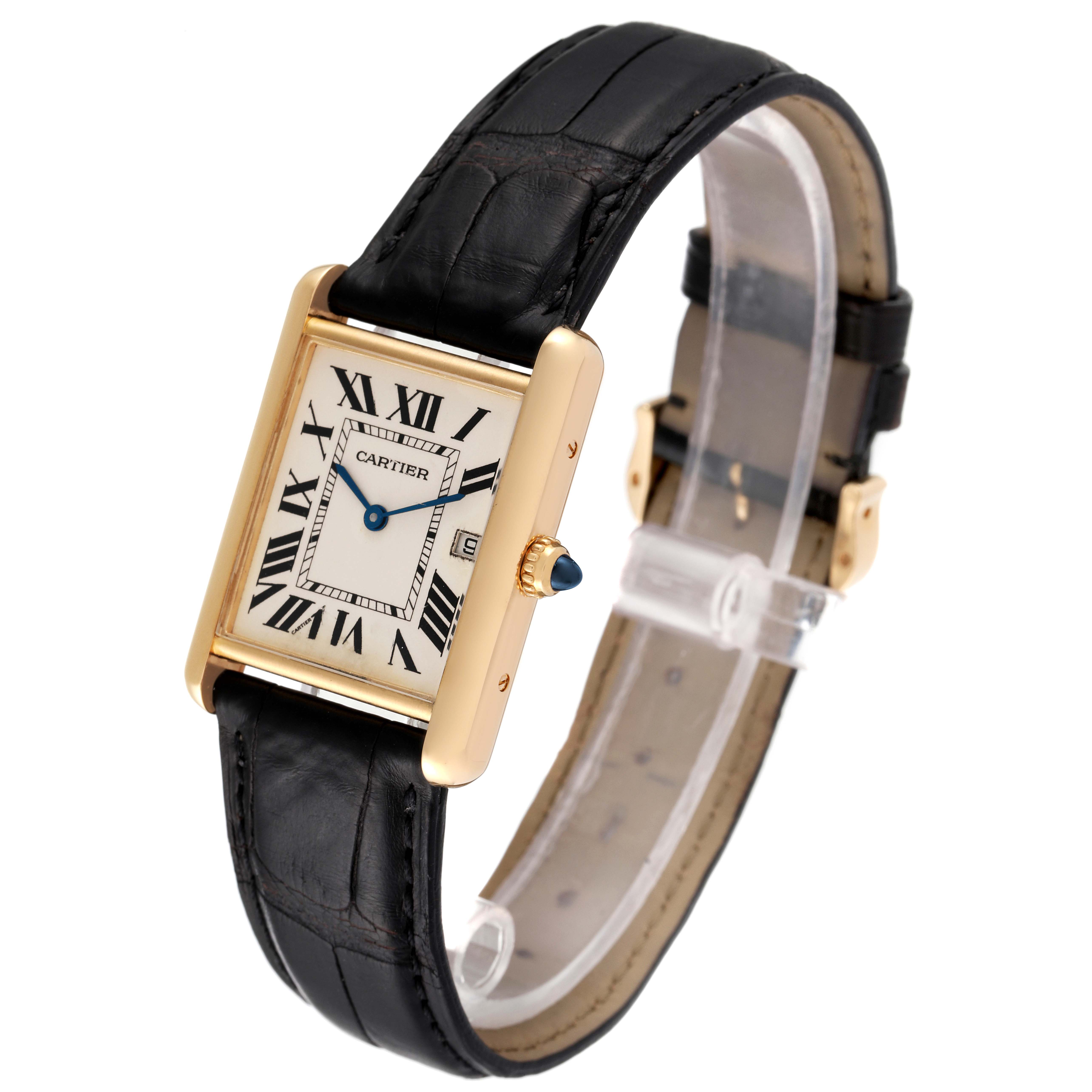 The image shows a Tank Louis Cartier watch from an angled view, displaying the dial, case, crown, and leather strap.
