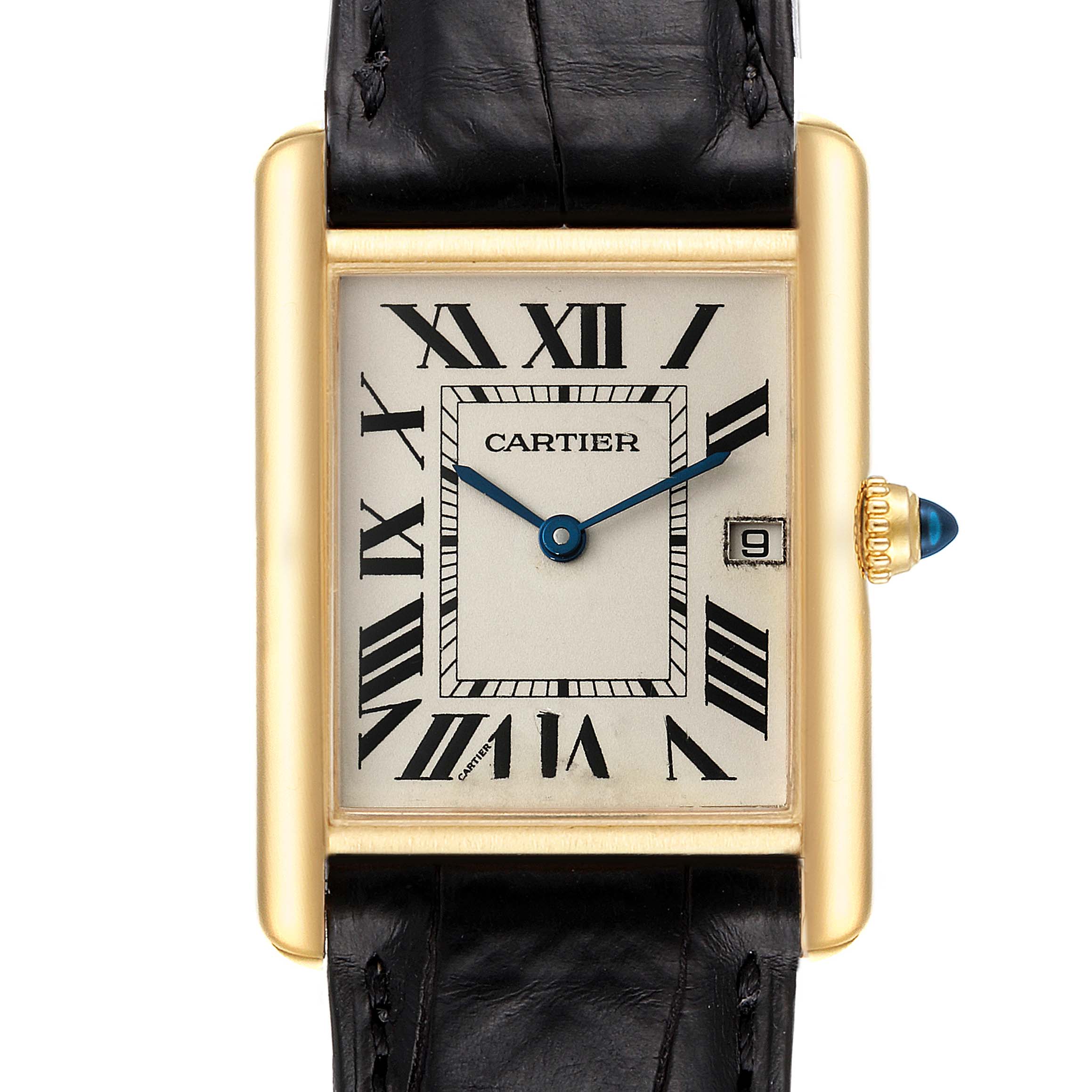 The image shows a close-up view of the Cartier Tank Louis W1529756 Men's Yellow Gold Silver Dial W1529756 Men's Yellow Gold Silver Dial watch, highlighting its rectangular face, Roman numerals, and a leather strap.