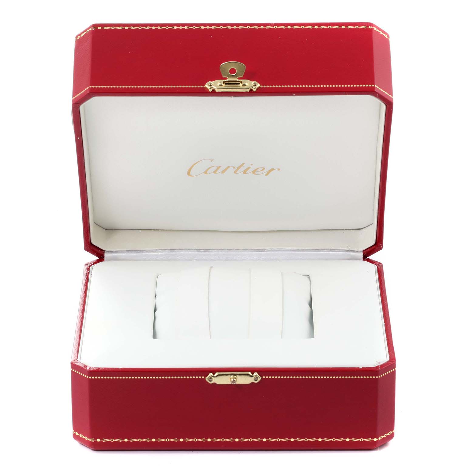 The image shows an opened Cartier watch box for the Tank MC model, displaying the interior with spaces for the watch.