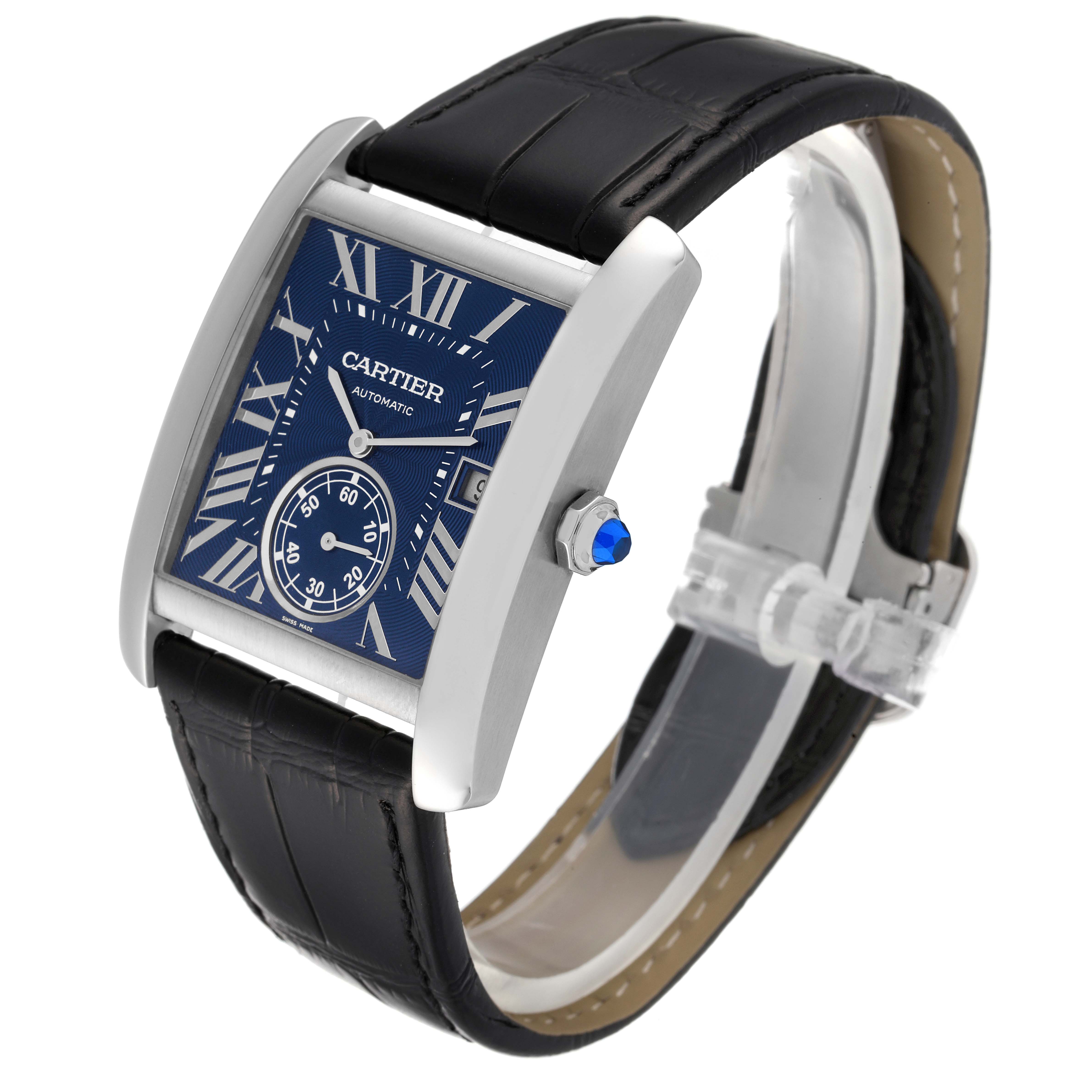 The Cartier Tank MC WSTA0010 Men's Stainless Steel Blue Dial WSTA0010 Men's Stainless Steel Blue Dial watch is shown at a slight angle, displaying the face, strap, and side crown.