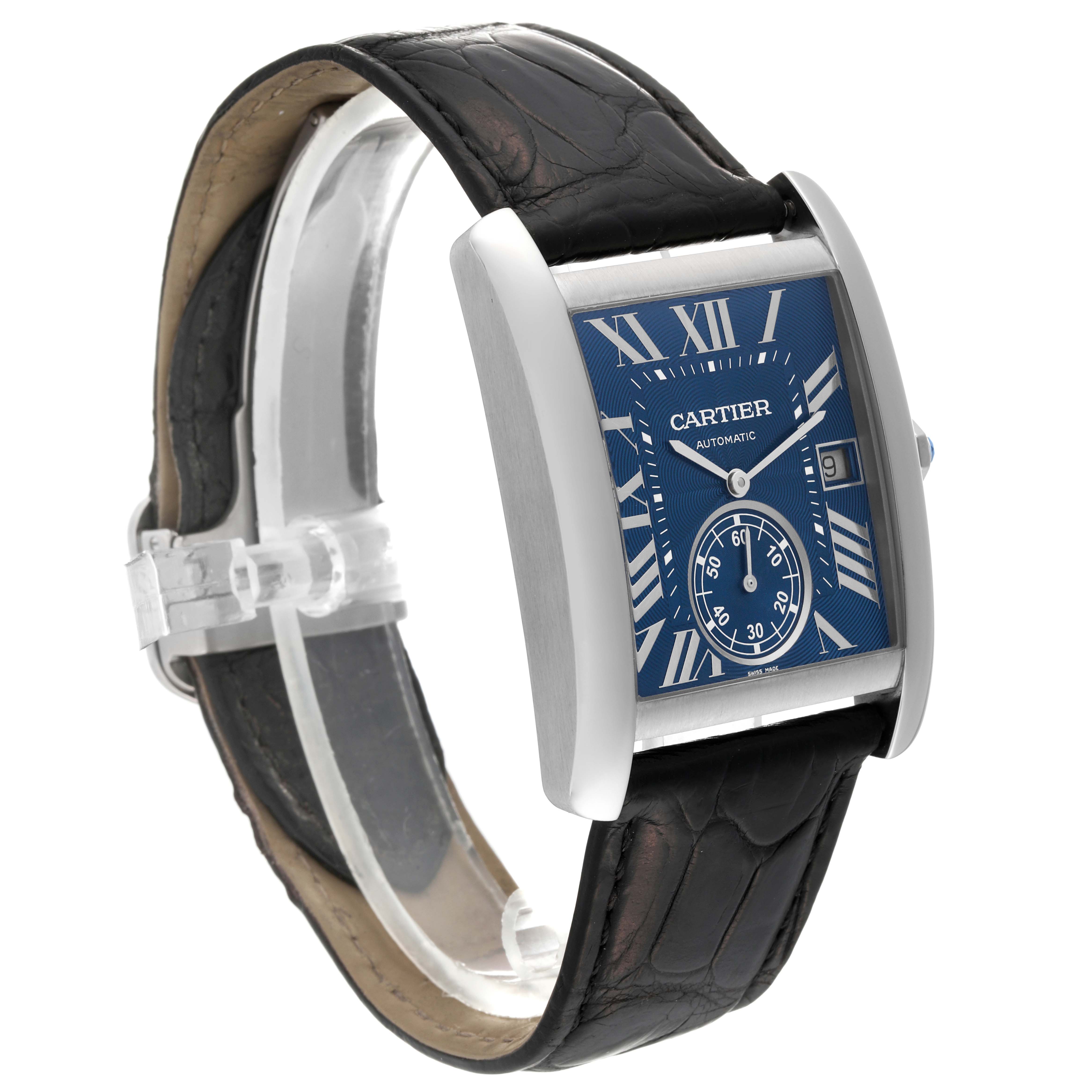 The Cartier Tank MC WSTA0010 Men's Stainless Steel Blue Dial WSTA0010 Men's Stainless Steel Blue Dial watch is shown from an angled side view, featuring the face, case, and leather strap.