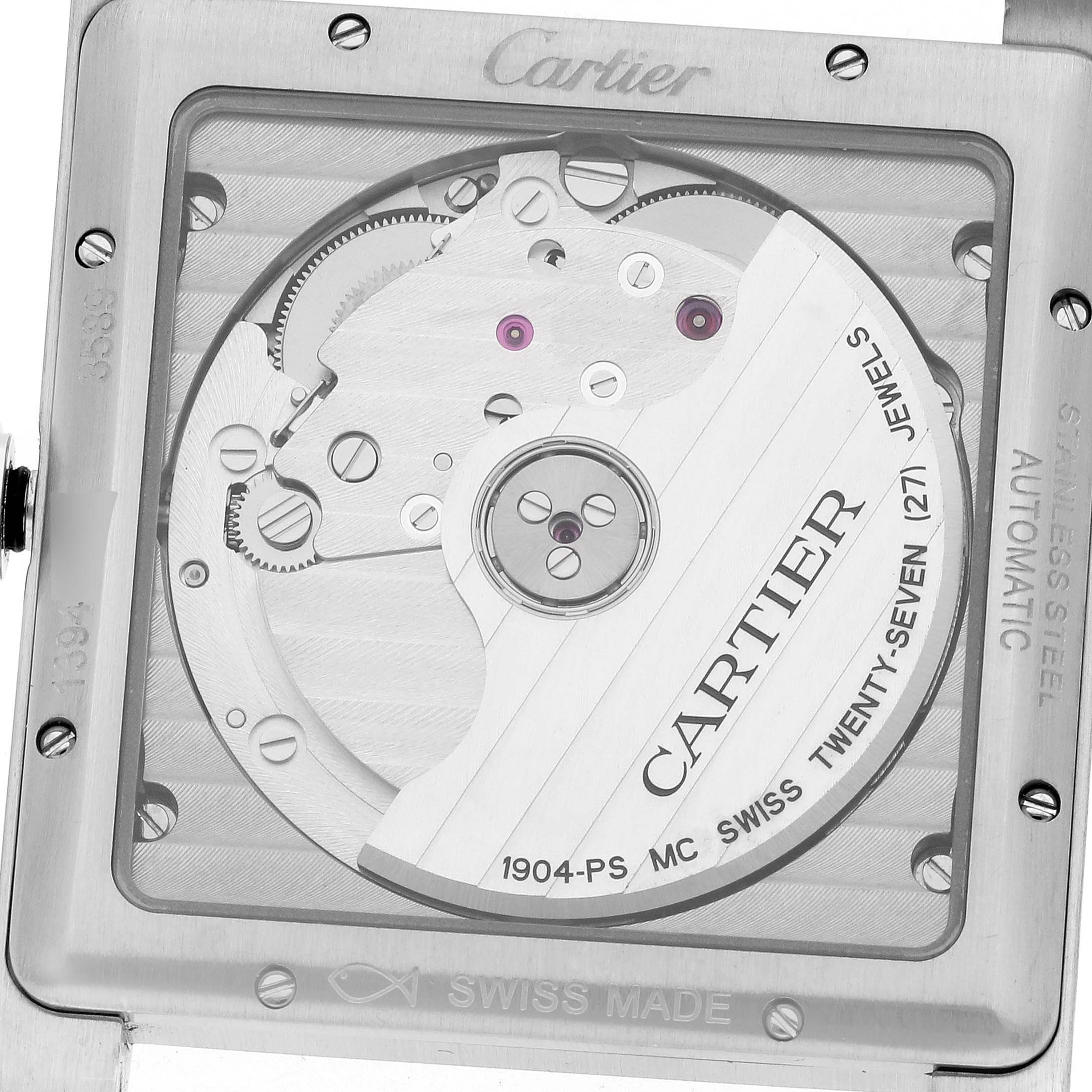 The image shows the back view of a Cartier Tank MC WSTA0010 Men's Stainless Steel Blue Dial WSTA0010 Men's Stainless Steel Blue Dial watch, highlighting the automatic movement components and internal engravings.