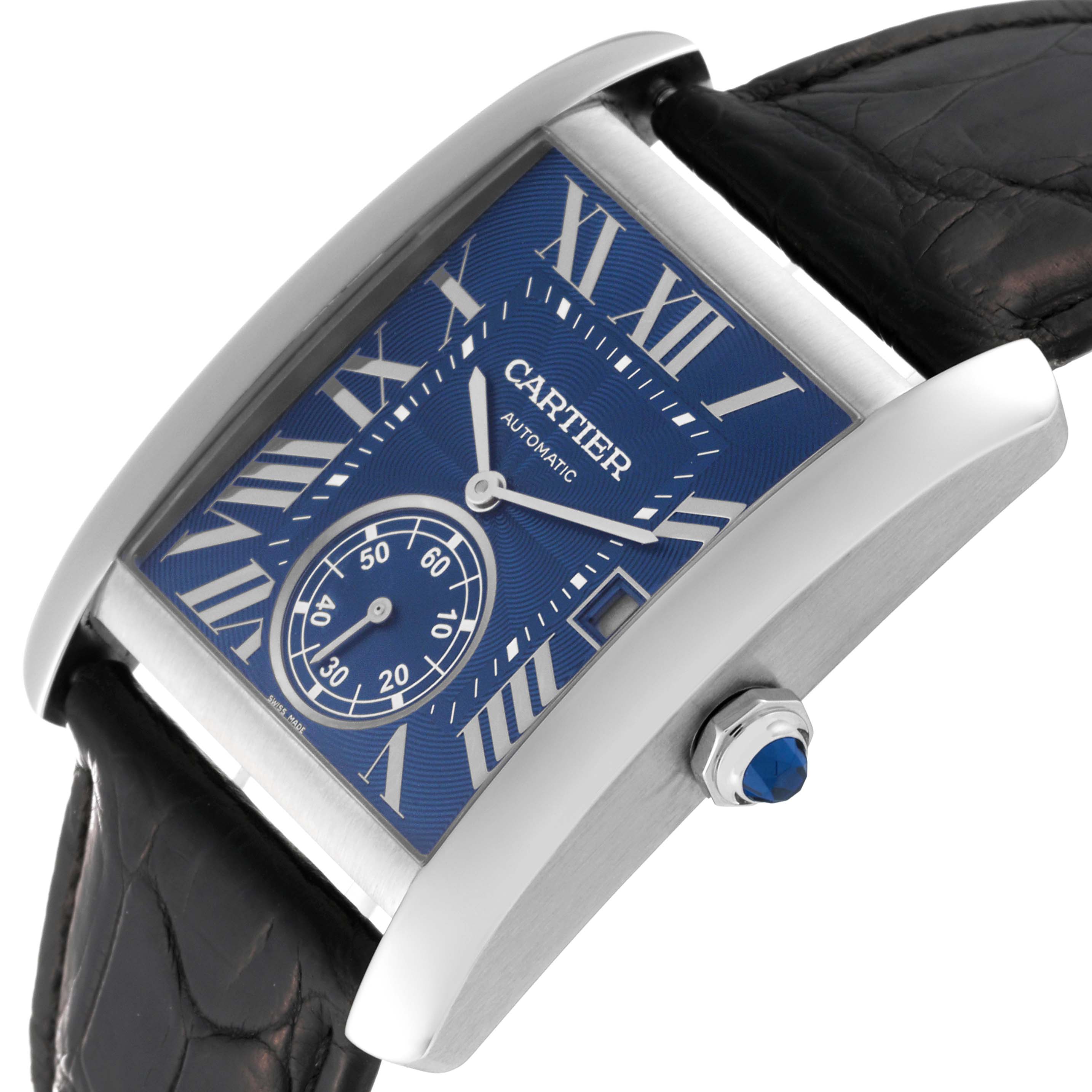 The image shows a Cartier Tank MC WSTA0010 Men's Stainless Steel Blue Dial WSTA0010 Men's Stainless Steel Blue Dial watch at an oblique angle, highlighting the blue dial, Roman numerals, and leather strap.