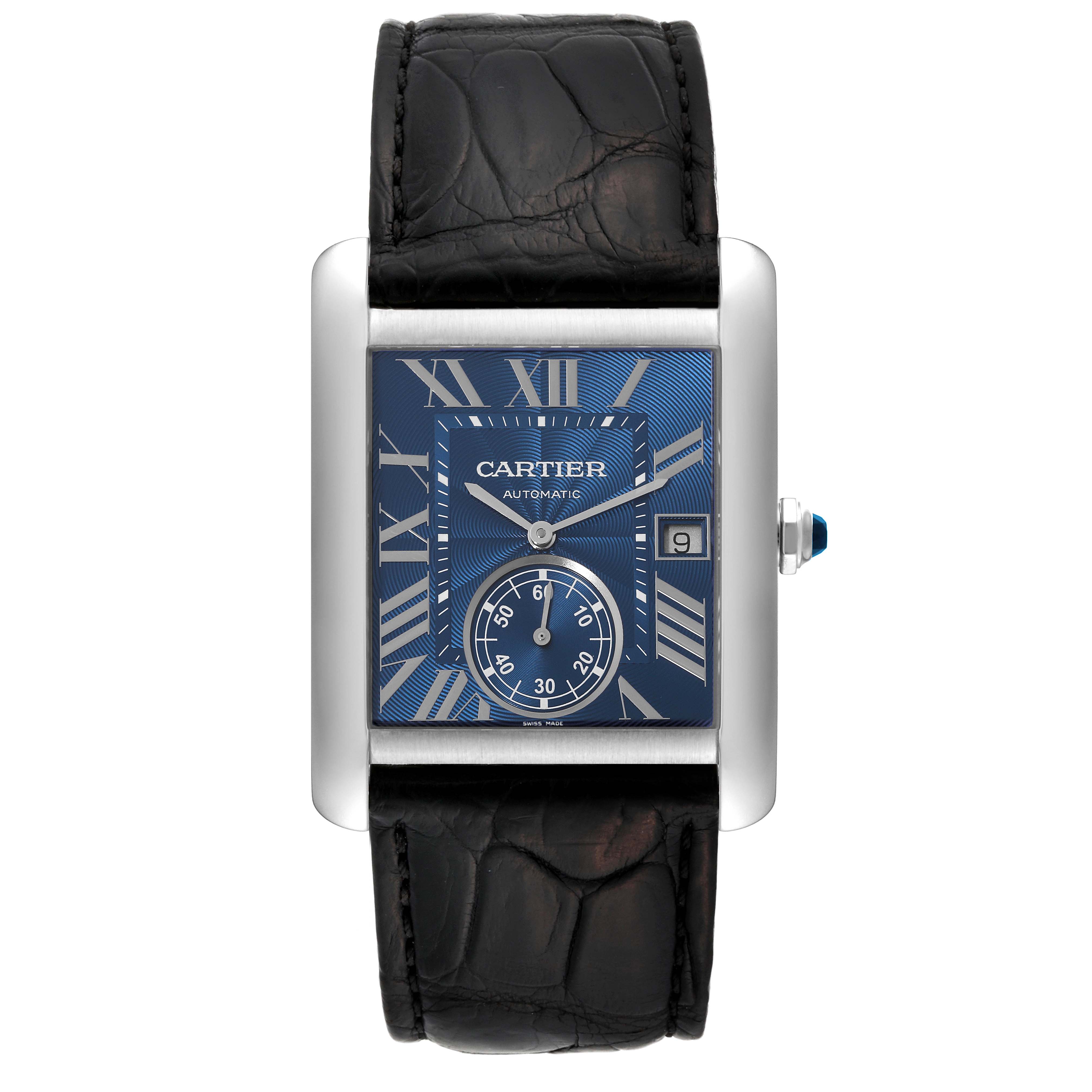 The Cartier Tank MC WSTA0010 Men's Stainless Steel Blue Dial WSTA0010 Men's Stainless Steel Blue Dial watch is shown from a top-down angle displaying its face, strap, and dial.