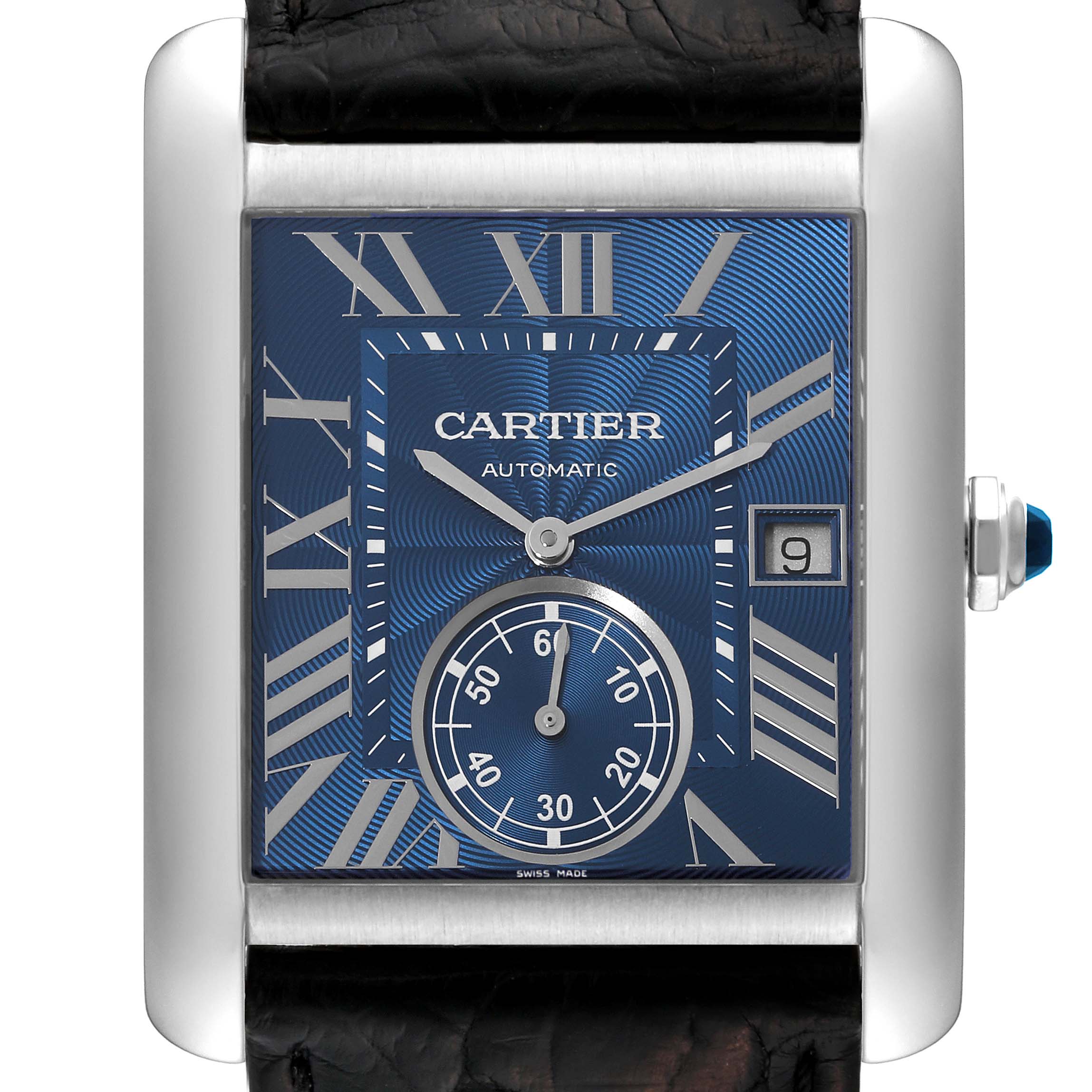 The image shows a close-up, front view of the Cartier Tank MC WSTA0010 Men's Stainless Steel Blue Dial WSTA0010 Men's Stainless Steel Blue Dial watch, highlighting its face, hands, date window, and a portion of the strap.