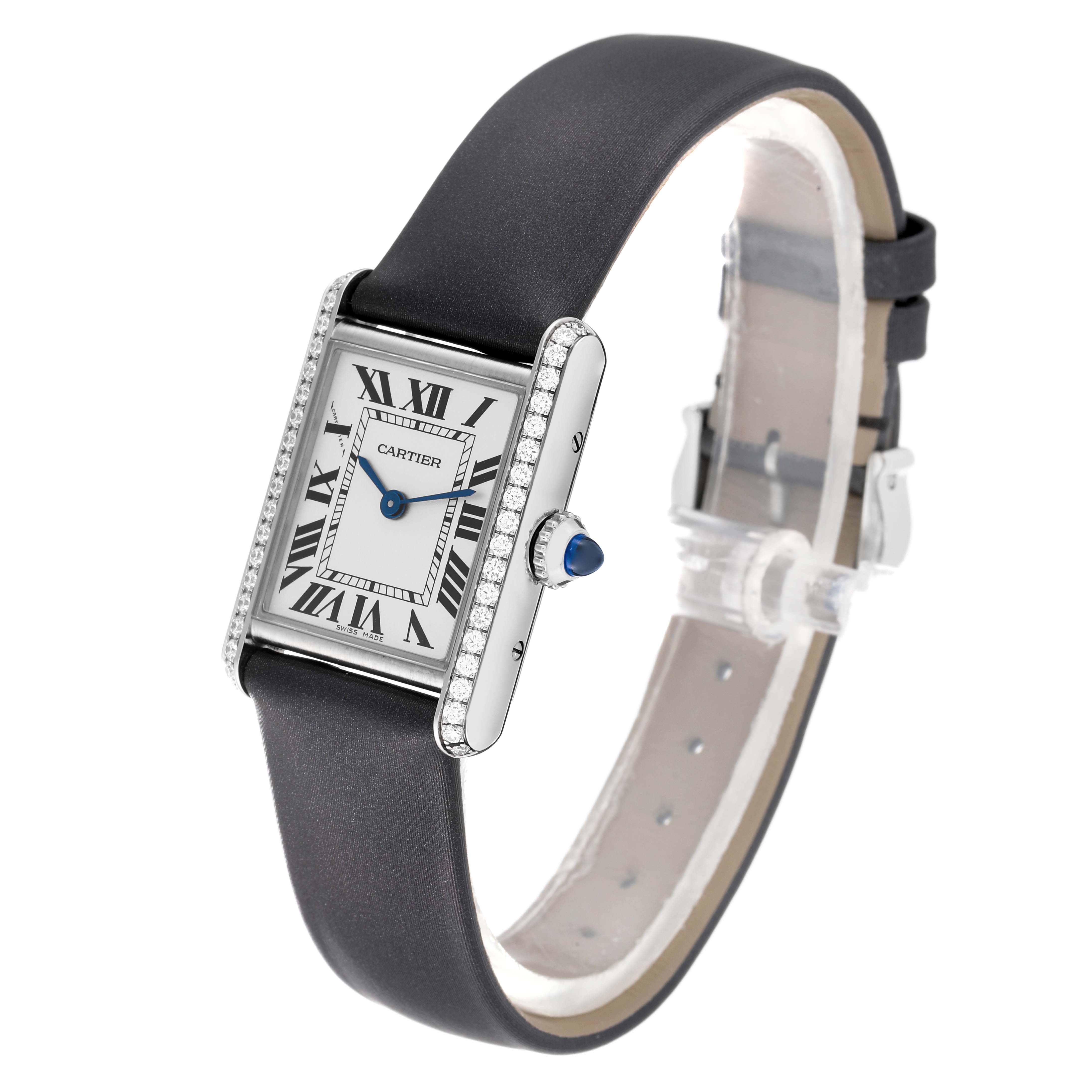 The image shows a Cartier Tank Must W4TA0016 Women's Stainless Steel Silver Dial W4TA0016 Women's Stainless Steel Silver Dial watch at a slight angle, highlighting its face, strap, and side profile.