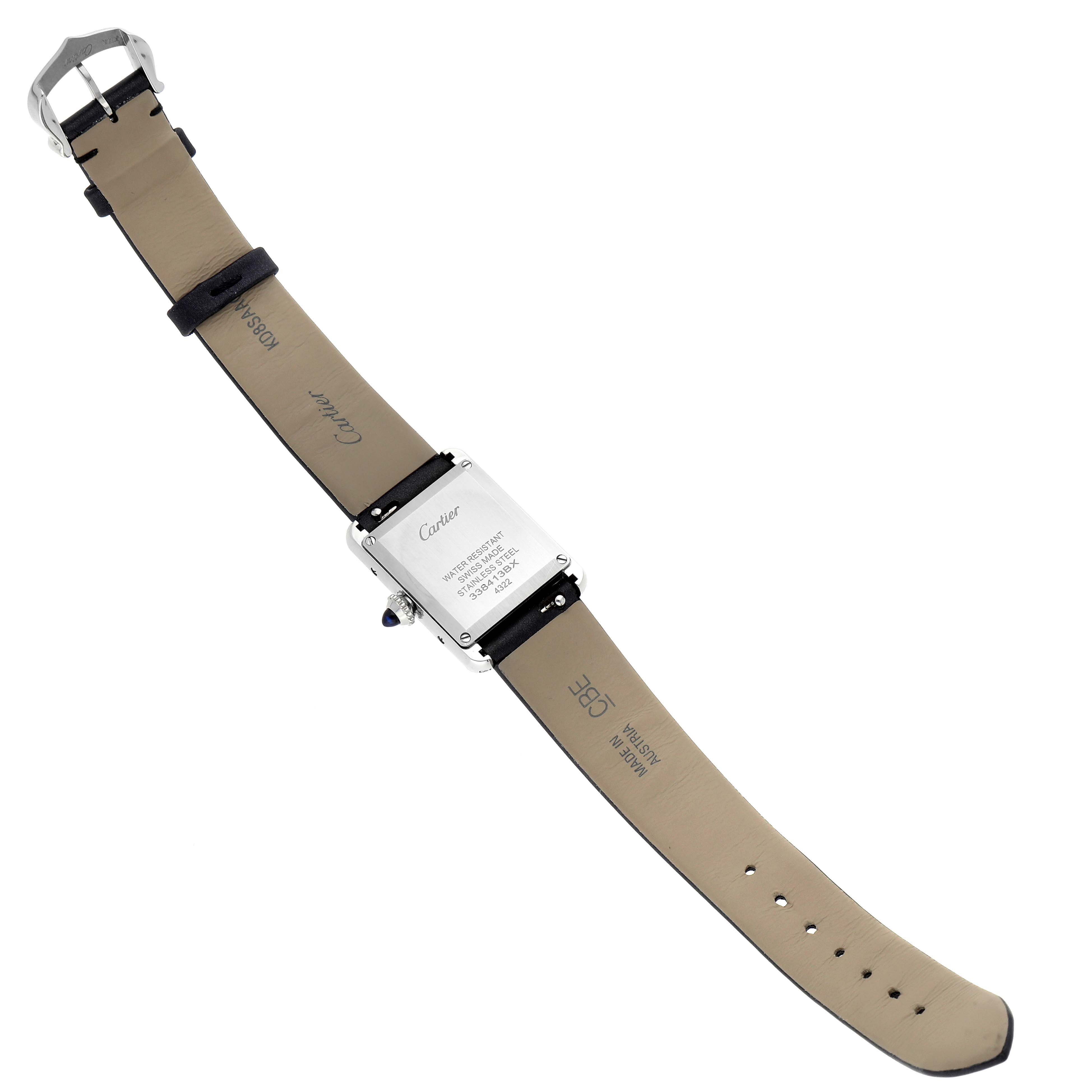 The image shows the back and strap of a Cartier Tank Must W4TA0016 Women's Stainless Steel Silver Dial W4TA0016 Women's Stainless Steel Silver Dial watch, fully extended and viewed from directly above.