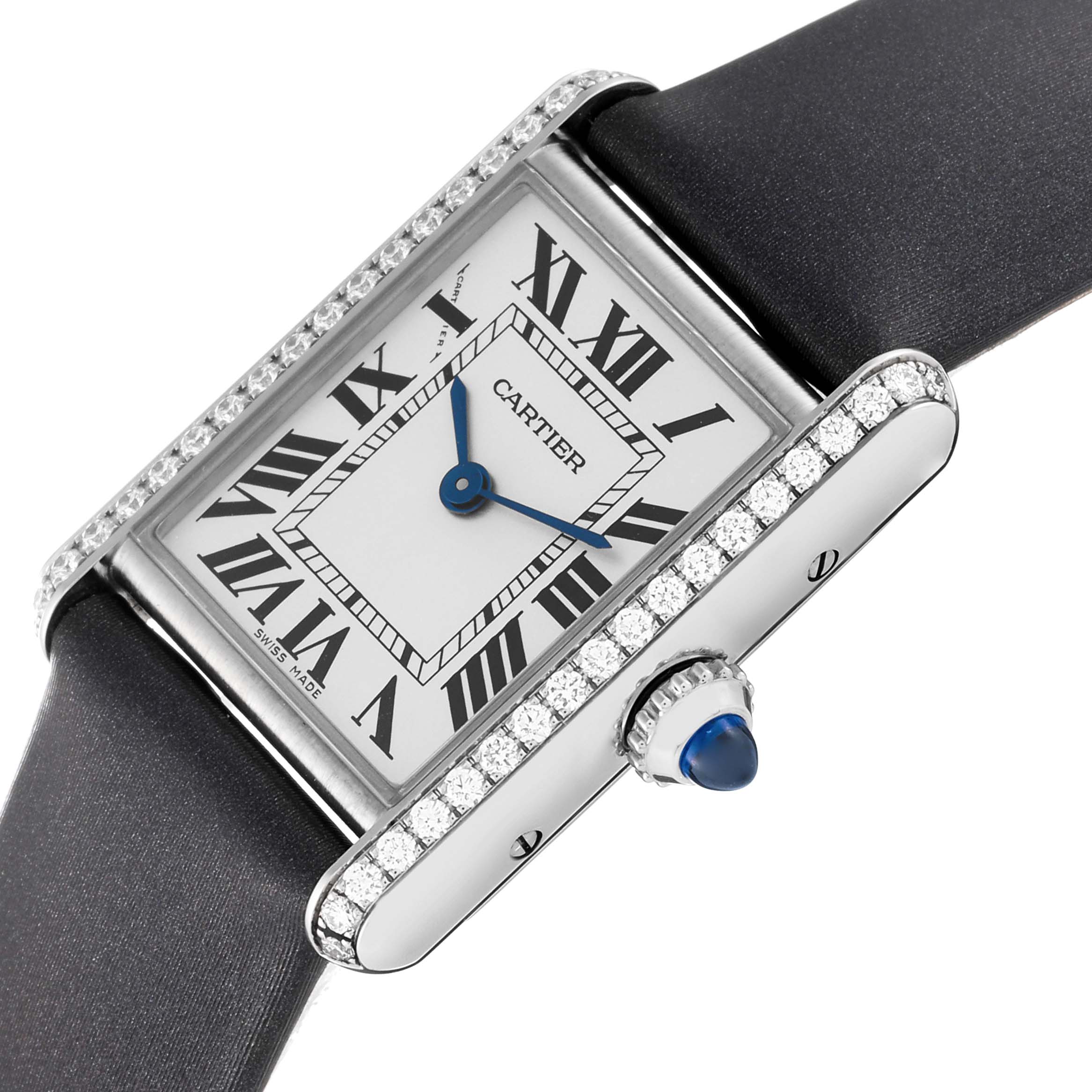 The Cartier Tank Must W4TA0016 Women's Stainless Steel Silver Dial W4TA0016 Women's Stainless Steel Silver Dial watch is shown at an angle displaying its face, including the case adorned with diamonds, the strap, and the crown.