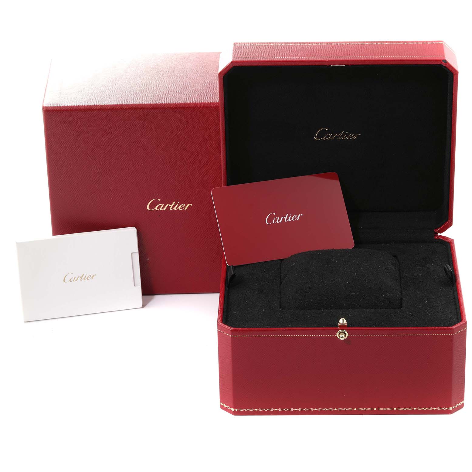 The image shows the packaging, box, and documentation for a Cartier Tank Must W4TA0016 Women's Stainless Steel Silver Dial W4TA0016 Women's Stainless Steel Silver Dial watch.