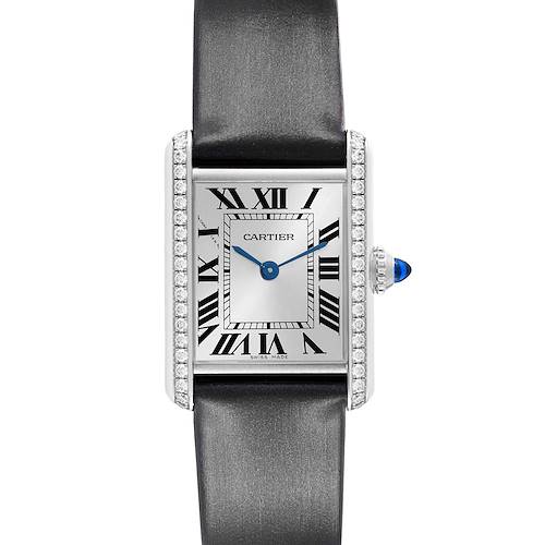 The Cartier Tank Must W4TA0016 Women's Stainless Steel Silver Dial watch is shown from the front, highlighting the face, leather strap, and diamond-set bezel.