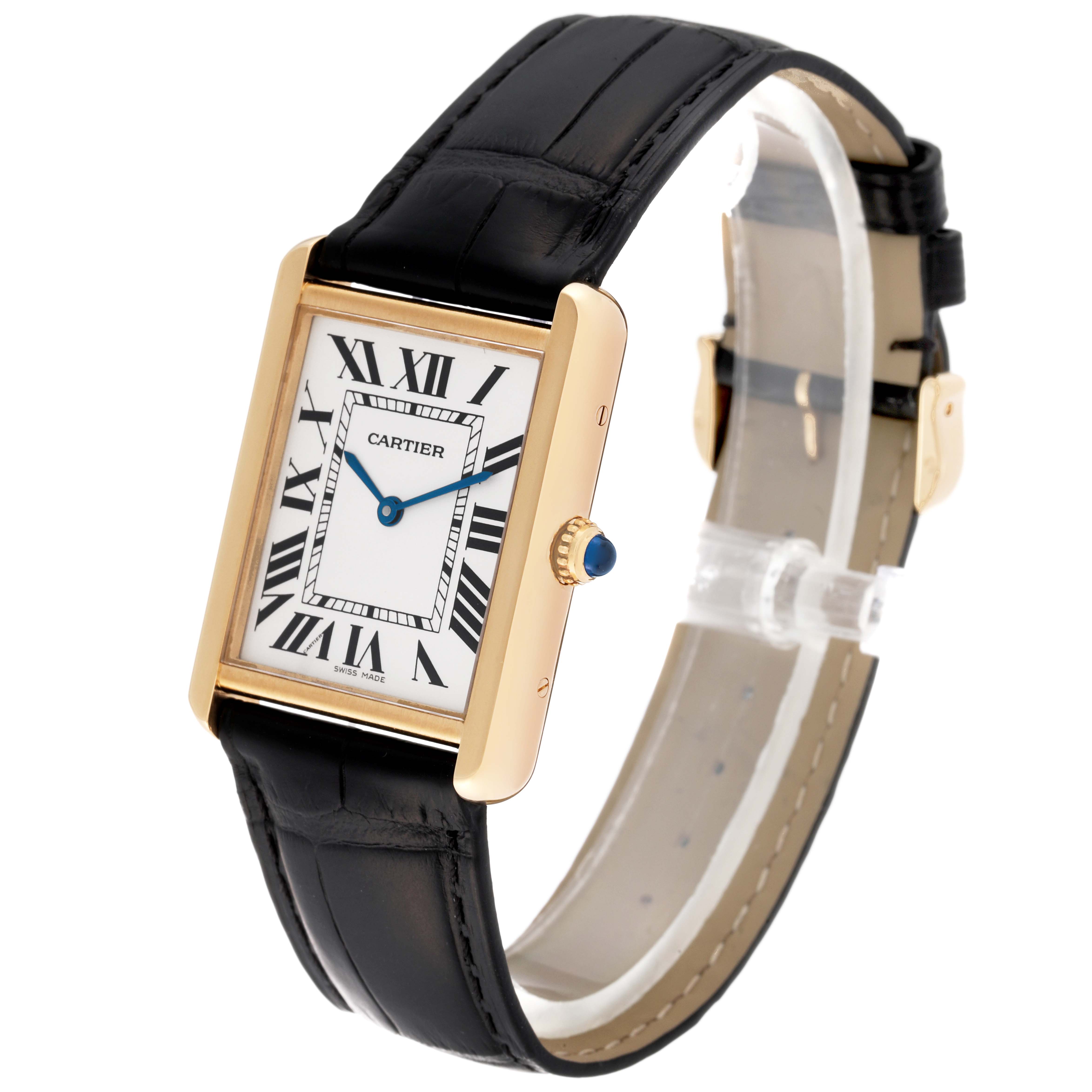 This image displays a Cartier Tank Solo W1018855 Men's Steel and Gold (two tone) Silver Dial W1018855 Men's Steel and Gold (two tone) Silver Dial watch at a slight angle, showing the face, case, and black leather band.