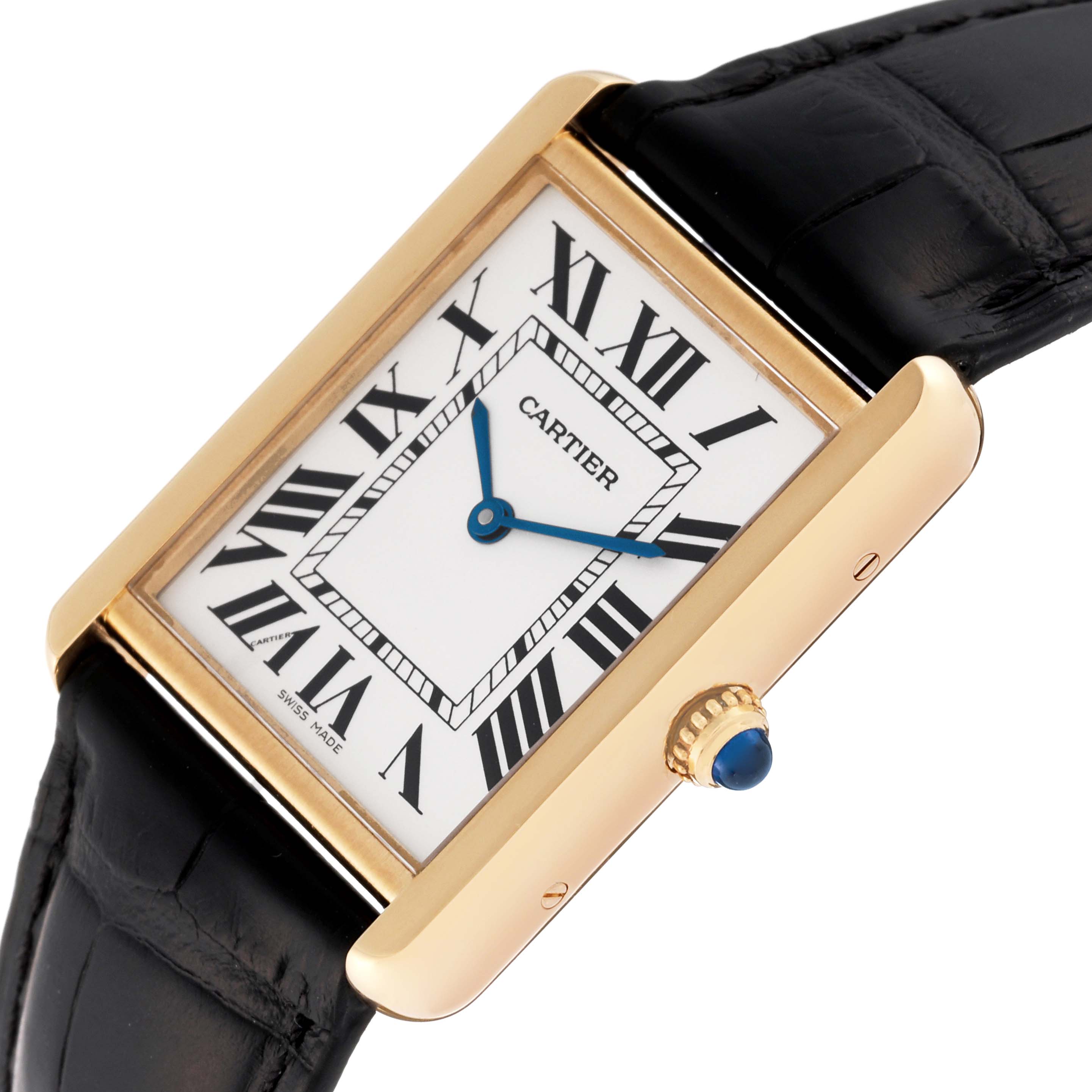 The image shows a close-up of the Cartier Tank Solo W1018855 Men's Steel and Gold (two tone) Silver Dial W1018855 Men's Steel and Gold (two tone) Silver Dial watch, highlighting its face, dial, and part of the black leather strap.