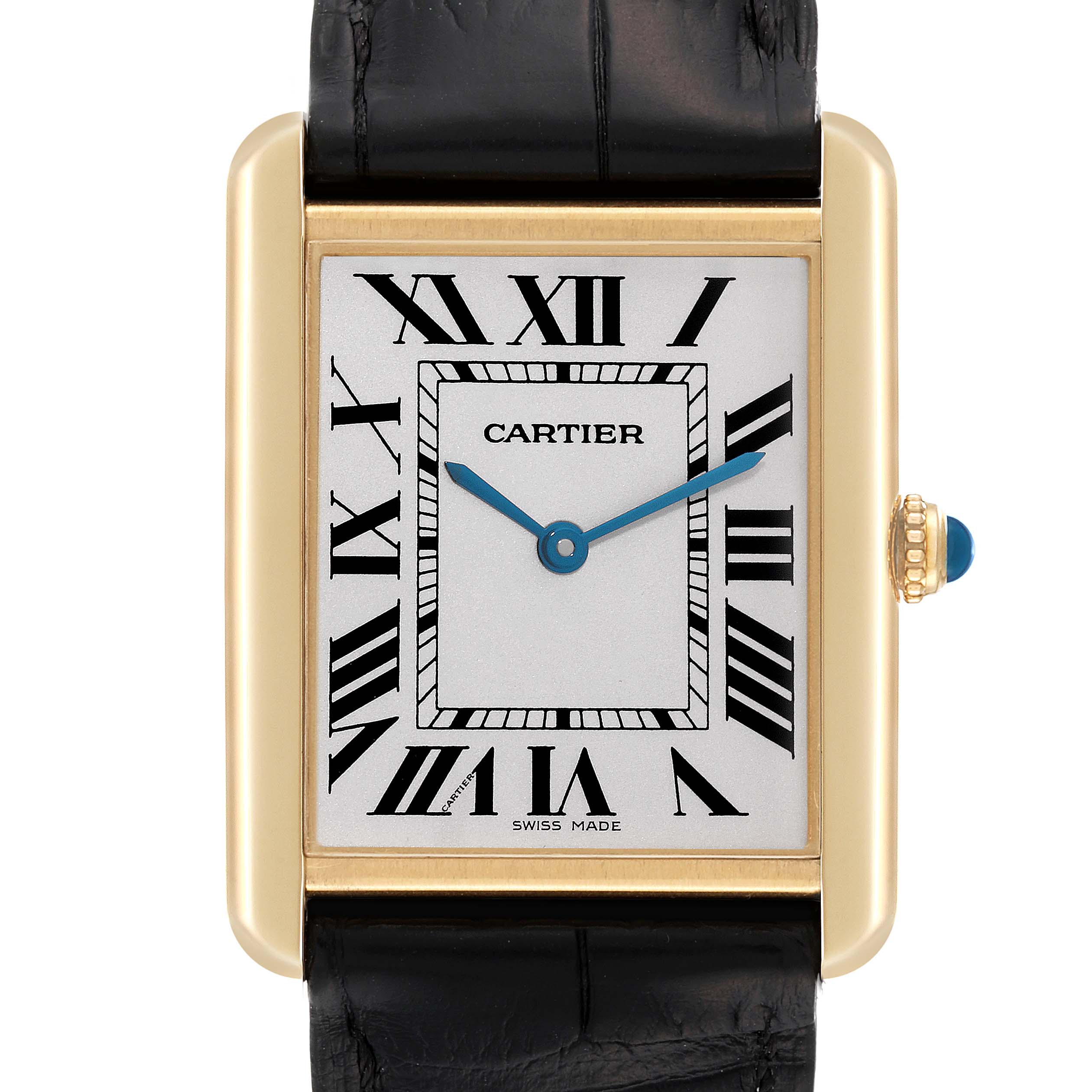 The image shows a front view of the Cartier Tank Solo W1018855 Men's Steel and Gold (two tone) Silver Dial W1018855 Men's Steel and Gold (two tone) Silver Dial watch, highlighting its rectangular dial with Roman numerals and black leather strap.