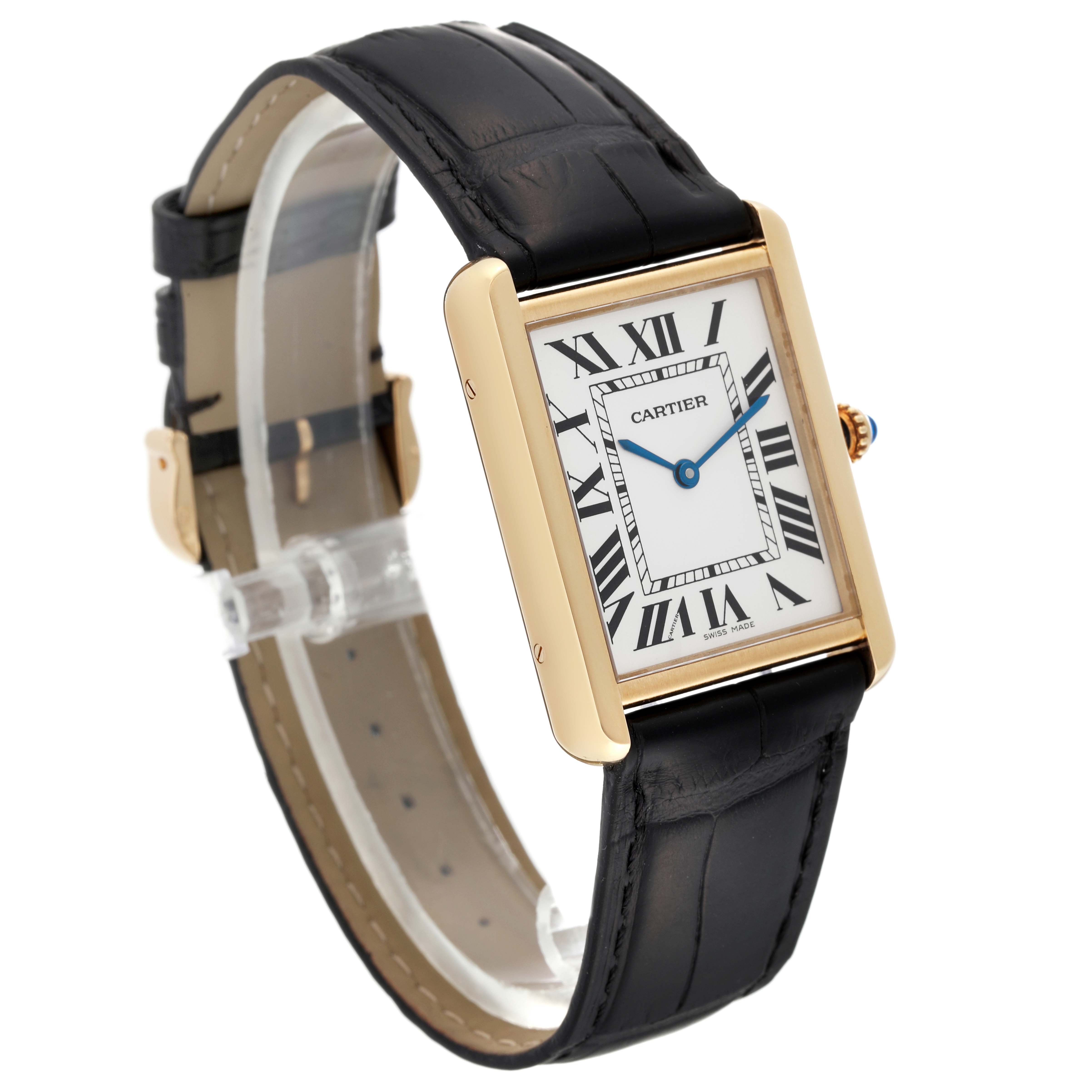 The Cartier Tank Solo W1018855 Men's Steel and Gold (two tone) Silver Dial W1018855 Men's Steel and Gold (two tone) Silver Dial watch is displayed at a three-quarter angle showing its face, black leather strap, and gold casing.