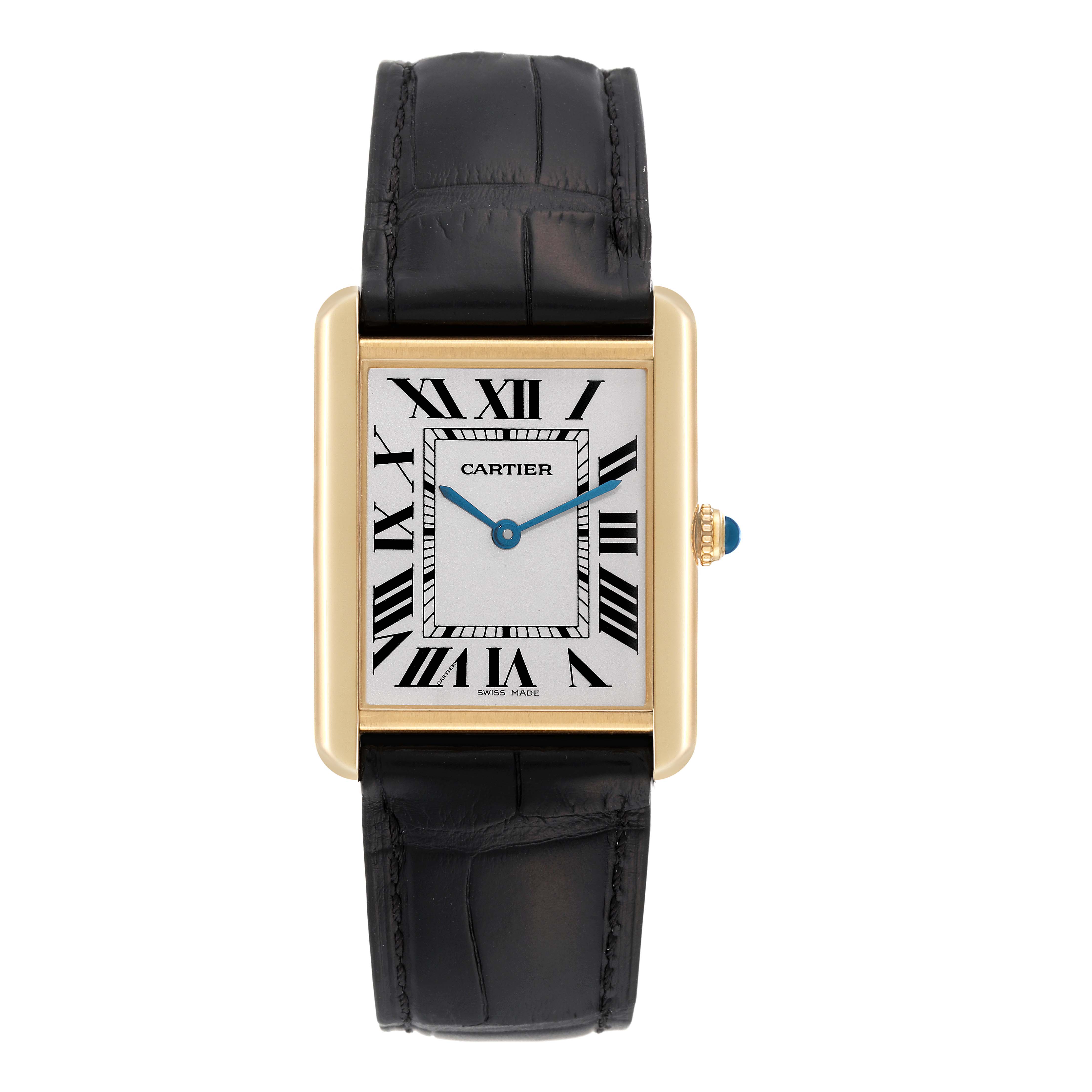 This image shows a front view of the Cartier Tank Solo W1018855 Men's Steel and Gold (two tone) Silver Dial W1018855 Men's Steel and Gold (two tone) Silver Dial watch, displaying its face, Roman numerals, and leather strap.