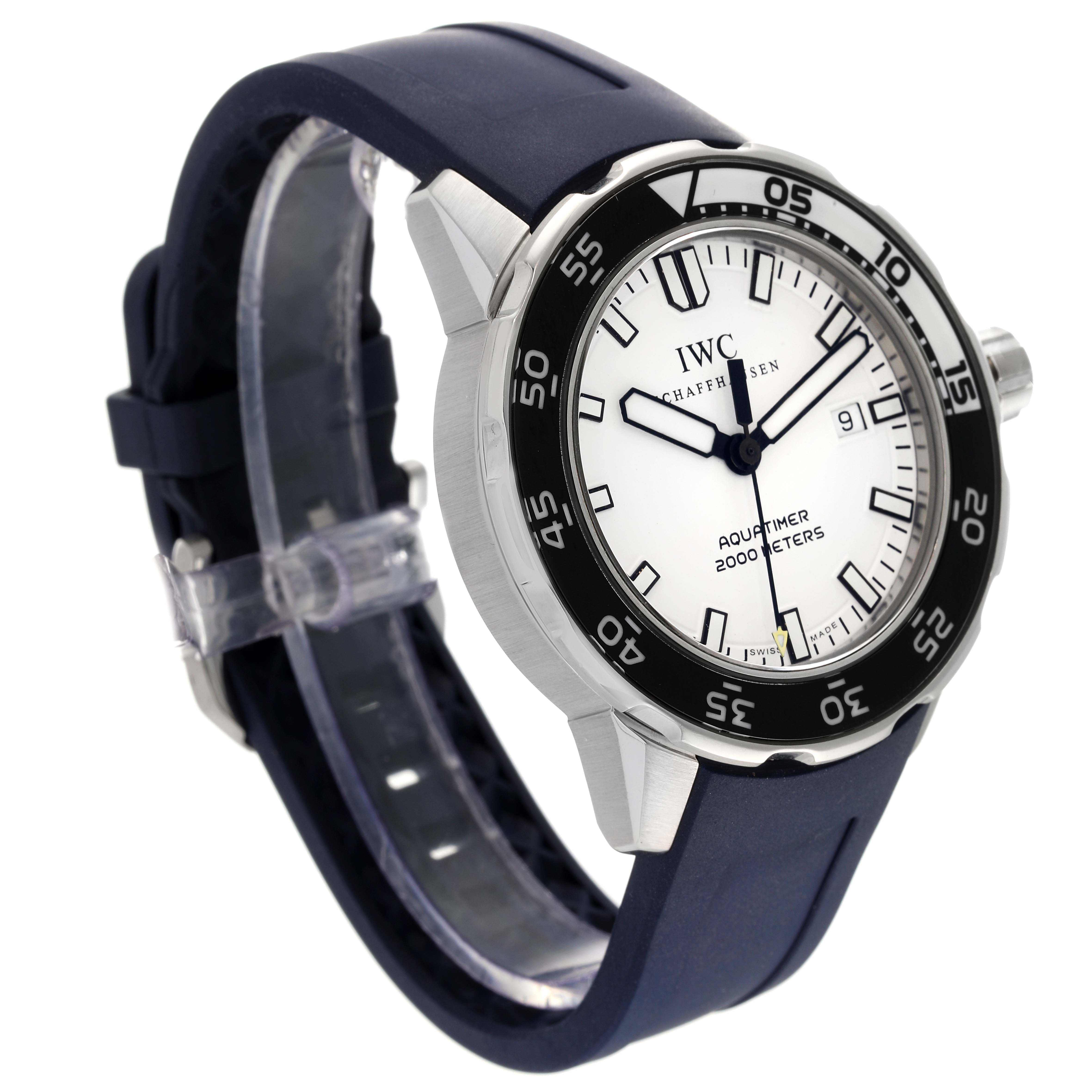 The image shows an IWC Aquatimer IW356805 Men's Stainless Steel White Dial IW356805 Men's Stainless Steel White Dial watch at a three-quarter angle, highlighting the face, bezel, and strap.