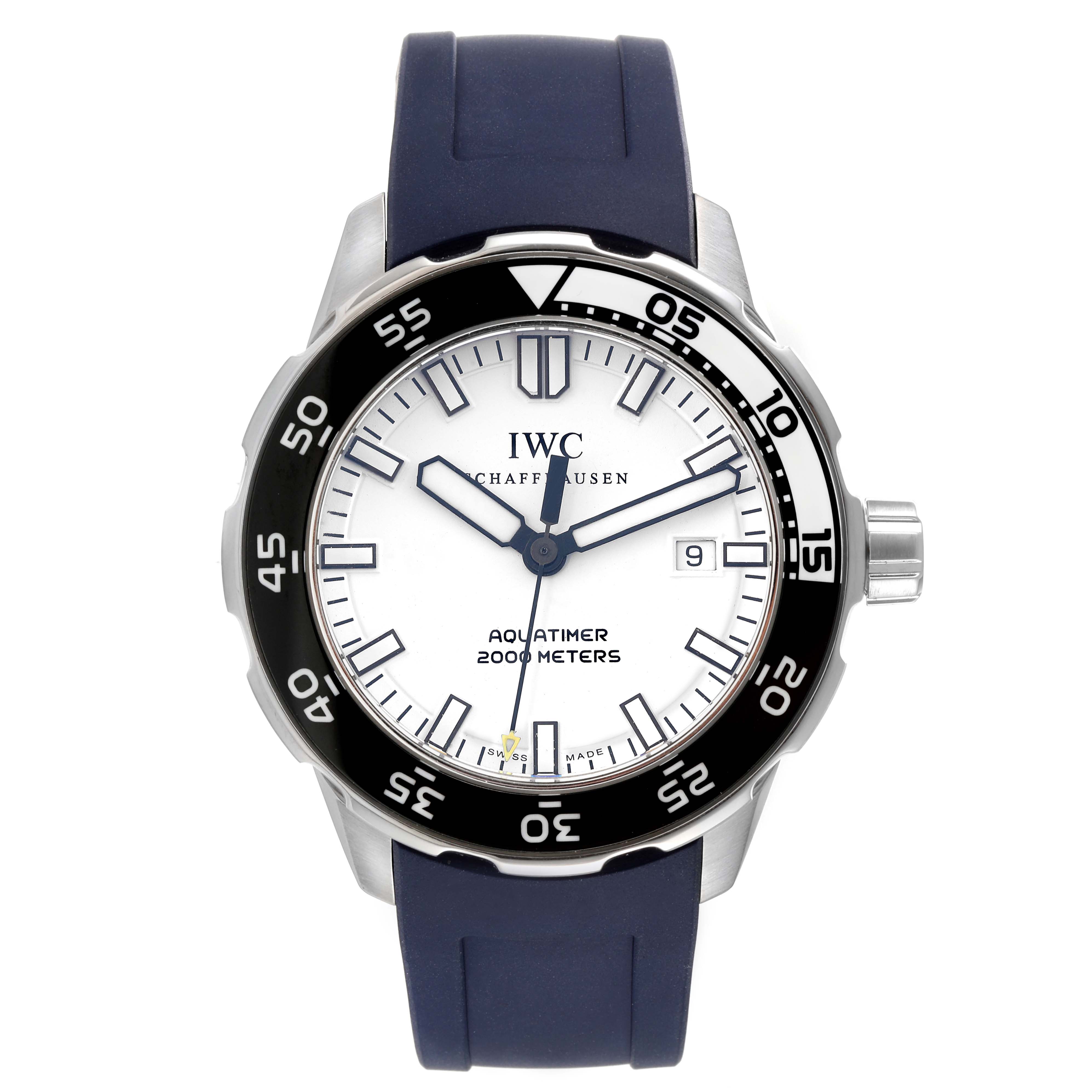 The IWC Aquatimer IW356805 Men's Stainless Steel White Dial IW356805 Men's Stainless Steel White Dial watch is shown from a front angle, displaying the face, bezel, crown, and strap.