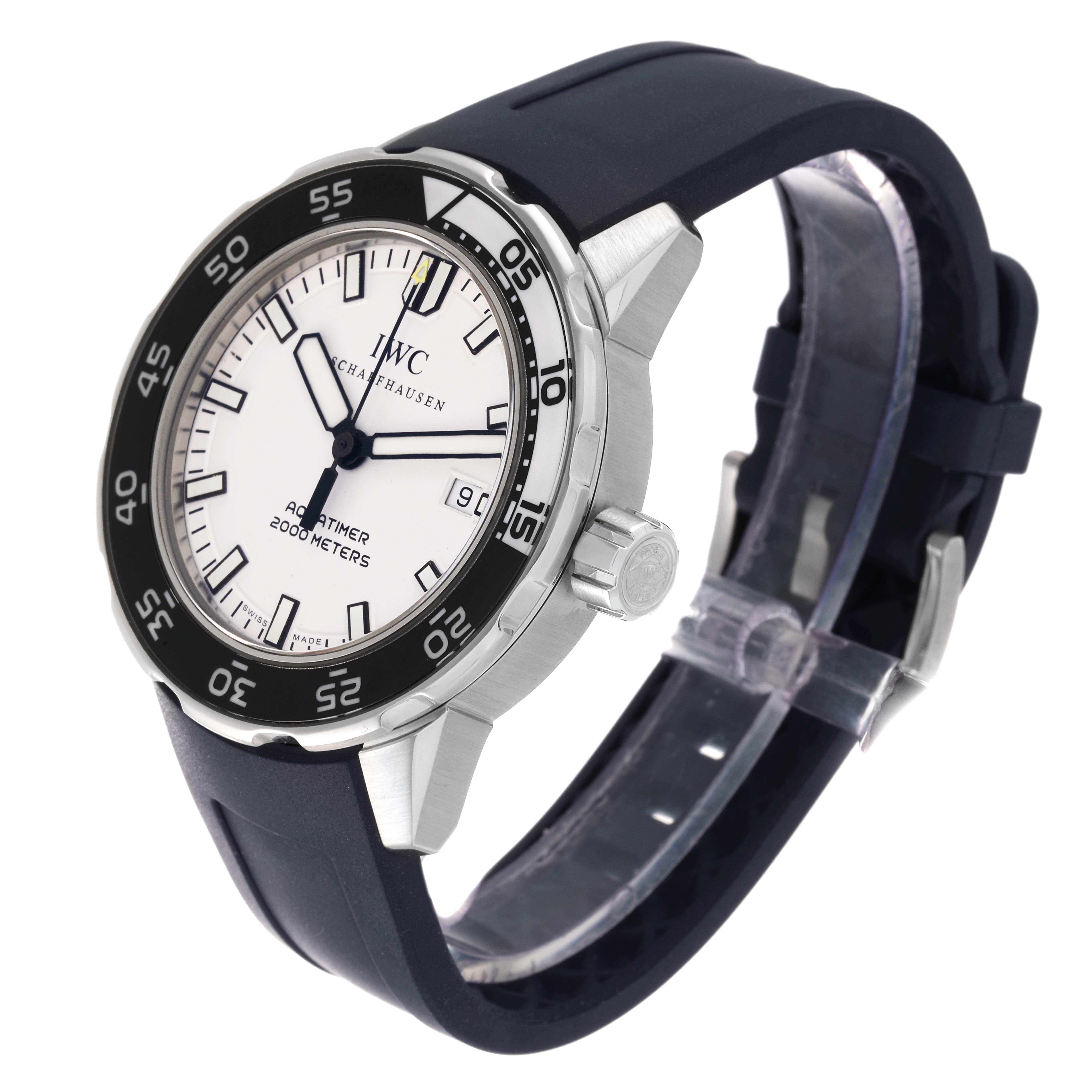 The image shows an IWC Aquatimer IW356805 Men's Stainless Steel White Dial IW356805 Men's Stainless Steel White Dial watch from a slightly angled side view, highlighting the dial, bezel, strap, and crown.