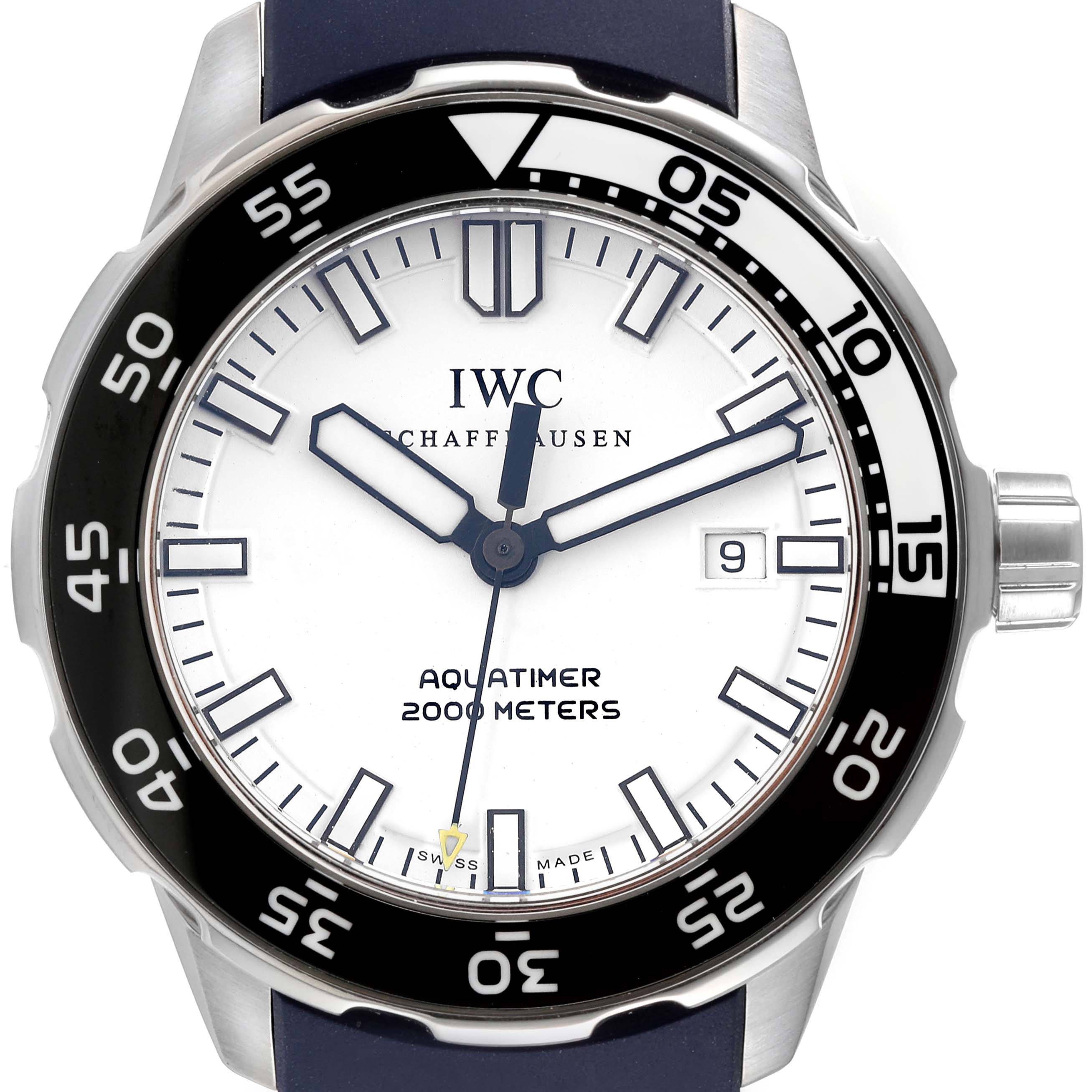 The image shows the front view of an IWC Aquatimer IW356805 Men's Stainless Steel White Dial IW356805 Men's Stainless Steel White Dial watch displaying the dial, bezel, hands, and date window.