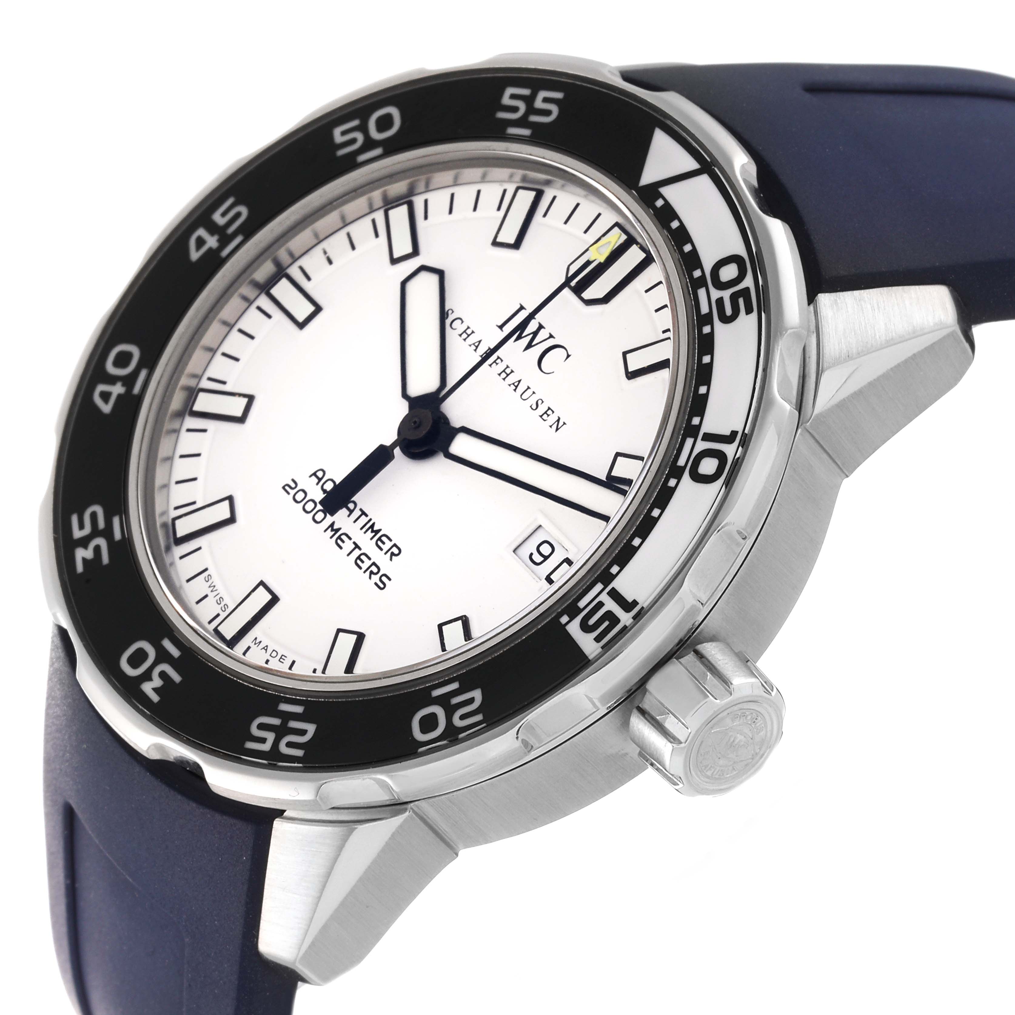 The image shows a close-up of the IWC Aquatimer IW356805 Men's Stainless Steel White Dial IW356805 Men's Stainless Steel White Dial watch at an angle, highlighting the dial, bezel, crown, and part of the strap.