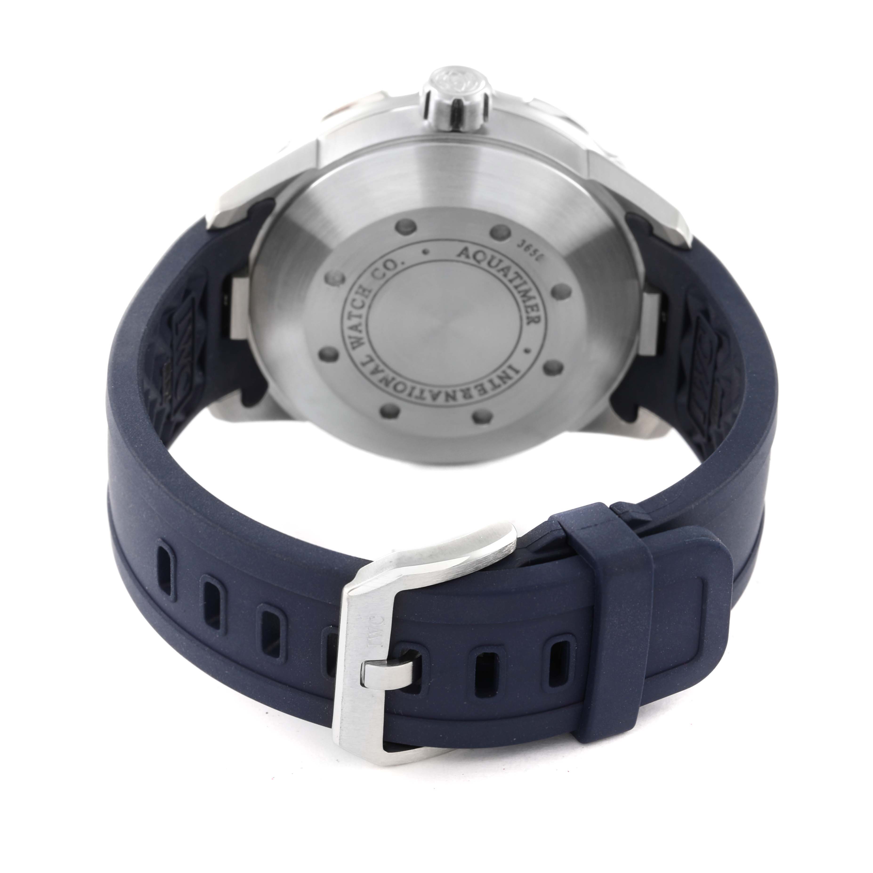 The image shows the back view of an IWC Aquatimer IW356805 Men's Stainless Steel White Dial IW356805 Men's Stainless Steel White Dial watch, highlighting its case back and rubber strap with a buckle.