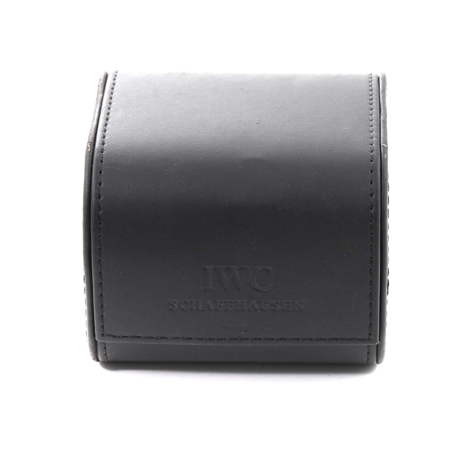 This image shows a black leather case for an IWC Aquatimer IW356805 Men's Stainless Steel White Dial IW356805 Men's Stainless Steel White Dial watch, viewed from the front.