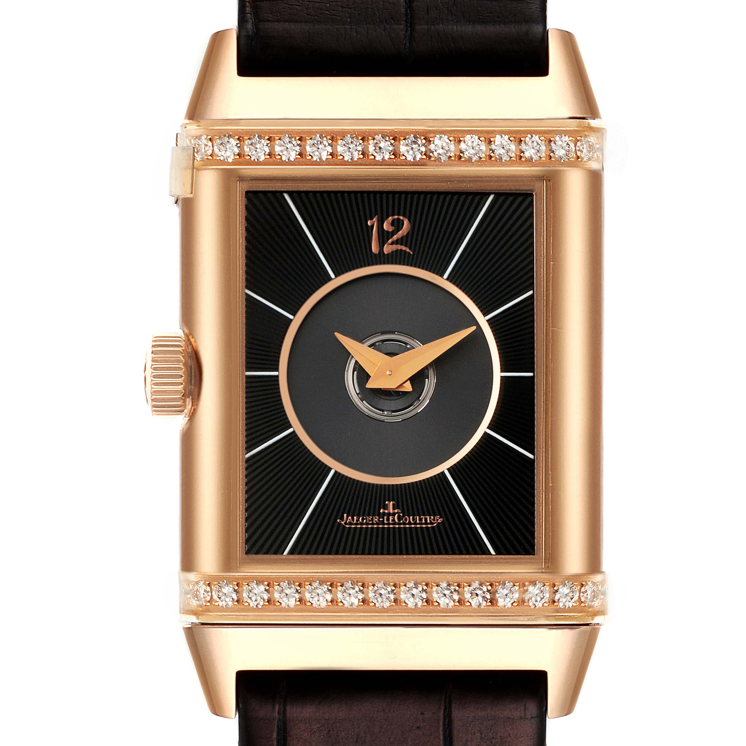 This is a front view of a Jaeger-LeCoultre Reverso watch, showing the dial, case, and part of the strap.