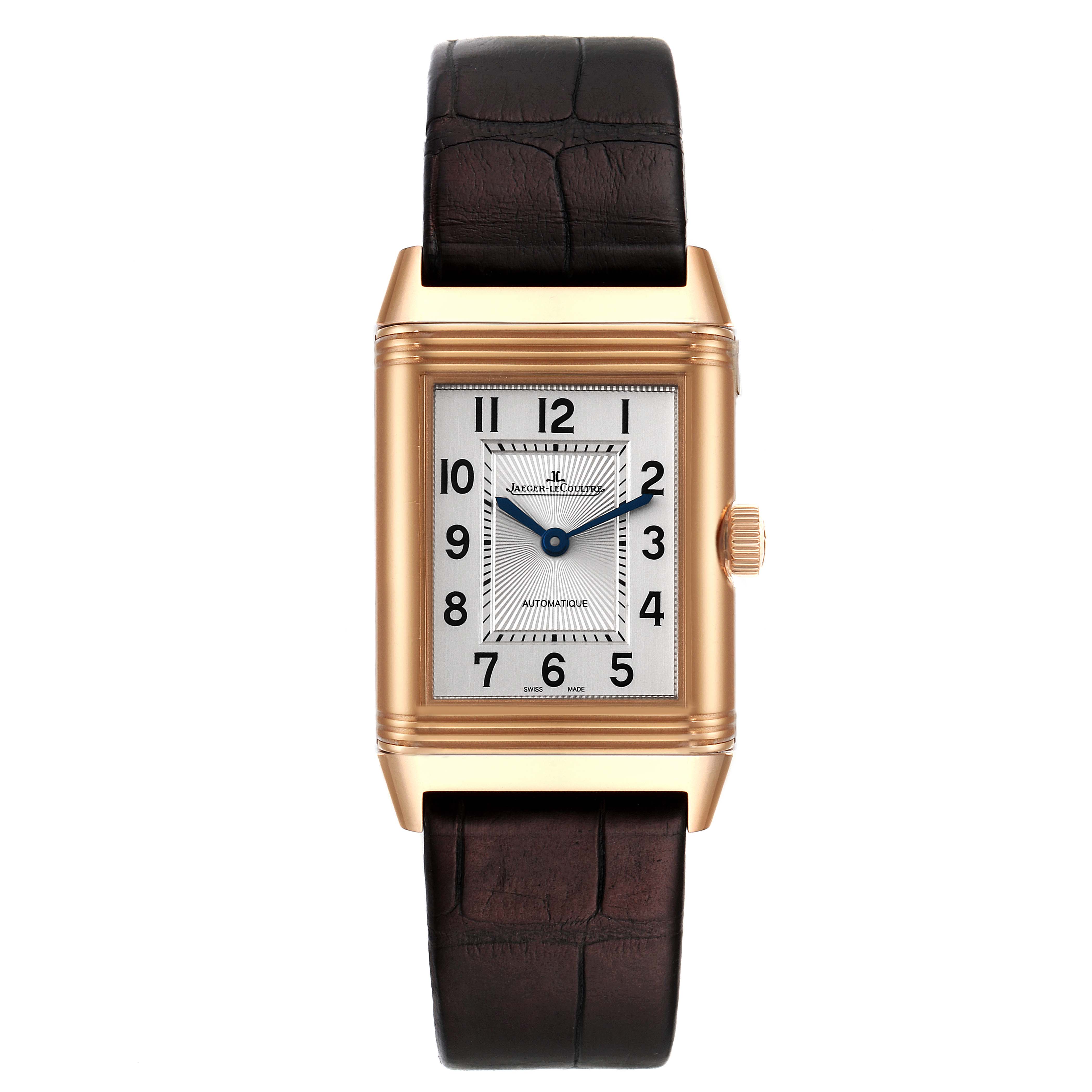 The image shows a front view of the Jaeger LeCoultre Reverso Q2572420 Men's Rose Gold Silver Dial Q2572420 Men's Rose Gold Silver Dial watch, displaying its face, dial, crown, and leather strap.