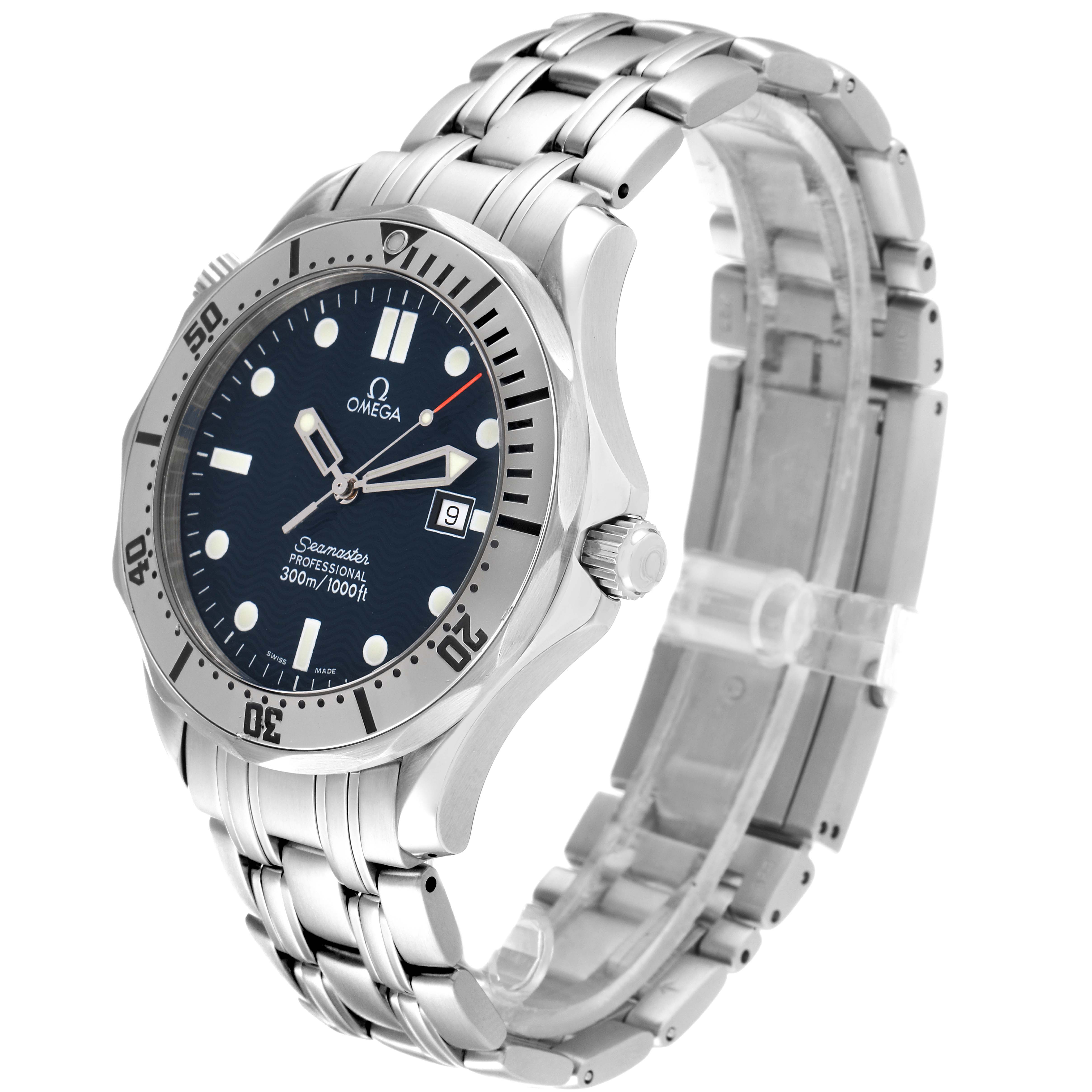 The image shows an Omega Seamaster 2542.80.00 Men's Stainless Steel Blue Dial 2542.80.00 Men's Stainless Steel Blue Dial watch at a three-quarter angle, featuring its dial, bezel, crown, and stainless steel bracelet.