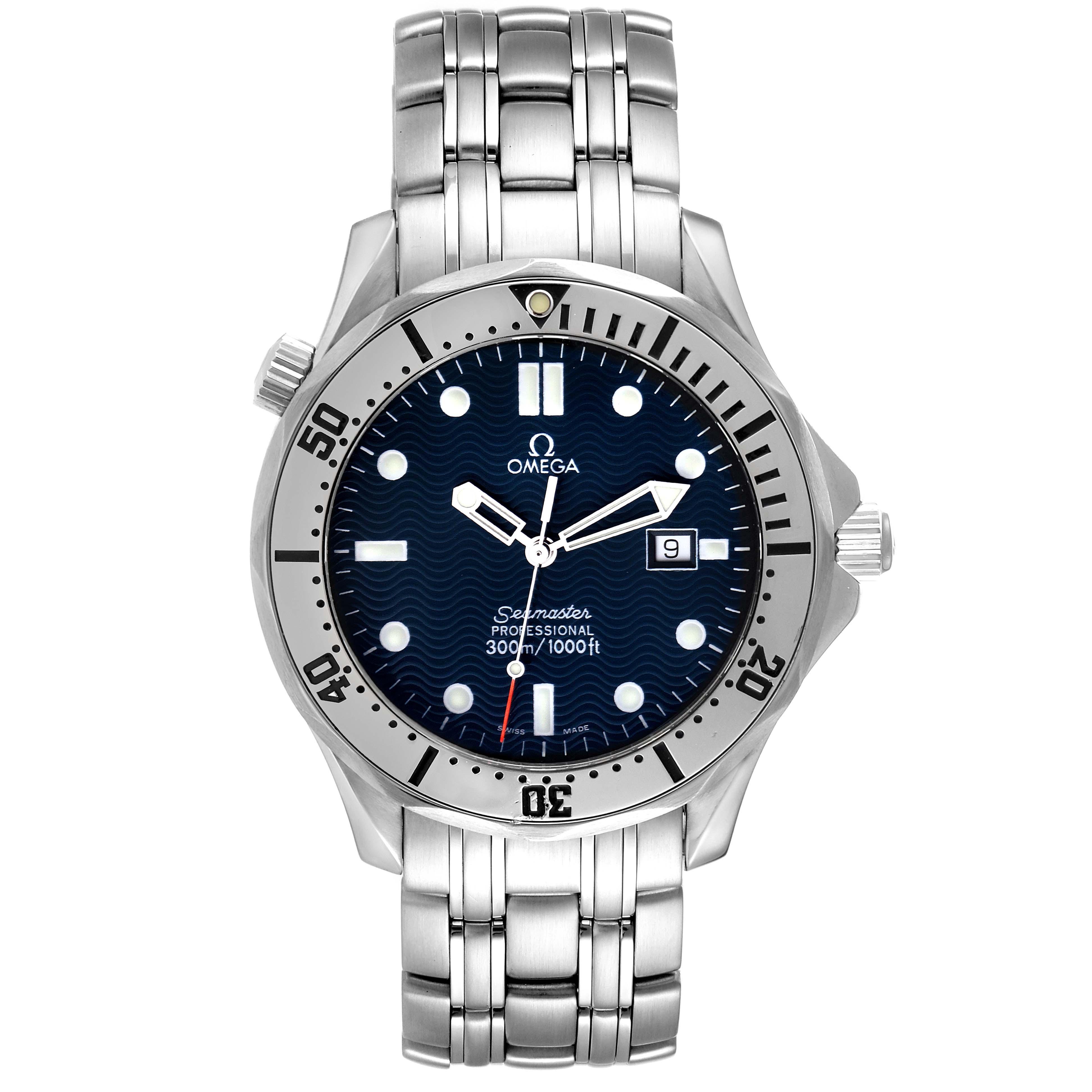 This image shows a front view of an Omega Seamaster 2542.80.00 Men's Stainless Steel Blue Dial 2542.80.00 Men's Stainless Steel Blue Dial watch featuring its dial, bezel, crown, and metal bracelet.