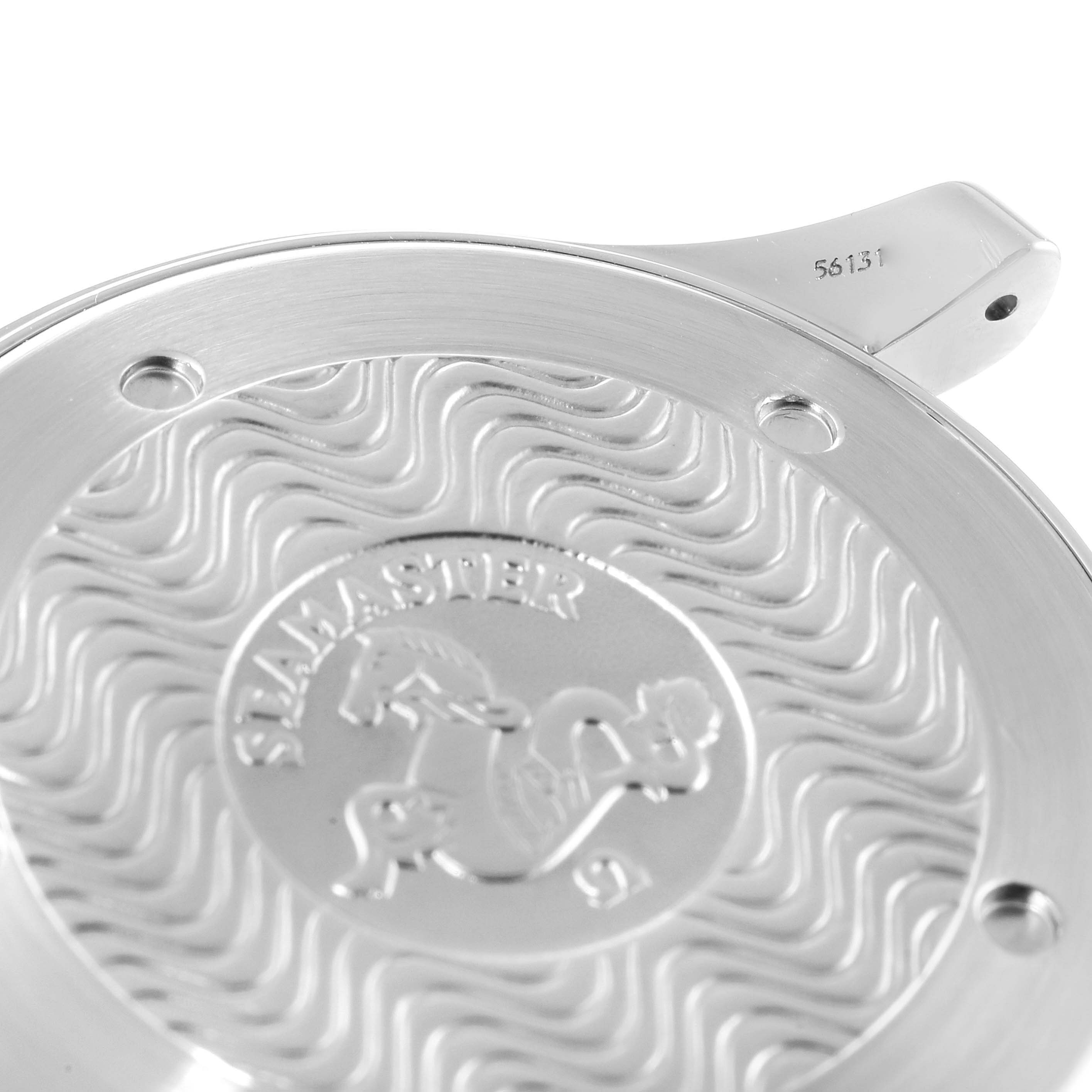 This close-up image shows the engraved back case of an Omega Seamaster 2542.80.00 Men's Stainless Steel Blue Dial 2542.80.00 Men's Stainless Steel Blue Dial watch, highlighting the wavy pattern and logo.